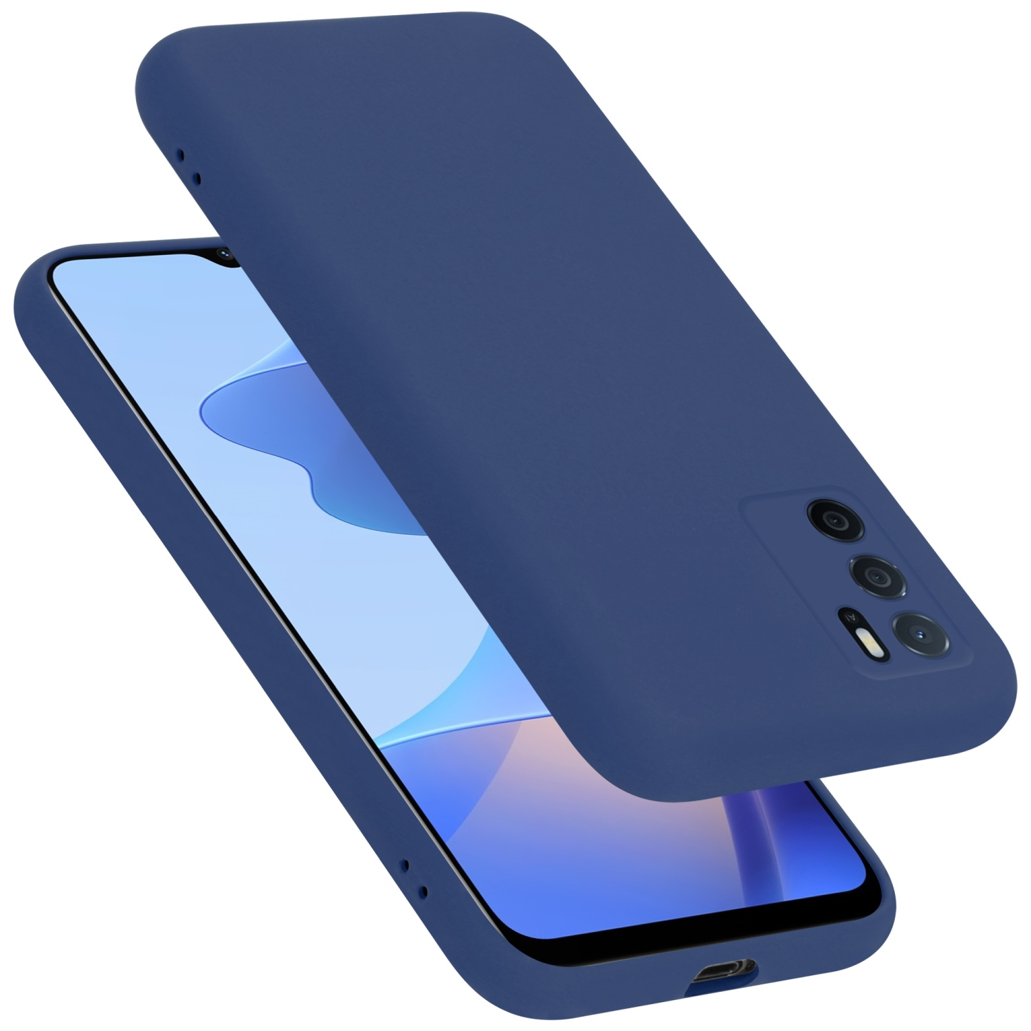 Blaue Handyhülle auf einem Telefon. Das Telefon hat einen Bildschirm. Die Hülle bedeckt das Telefon.