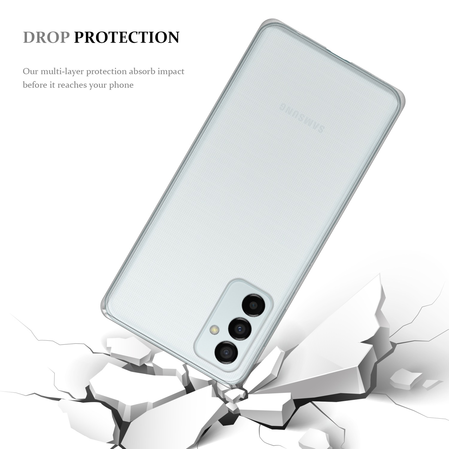 Custodia trasparente, telefono all'interno. Il testo recita 'Drop Protection'.