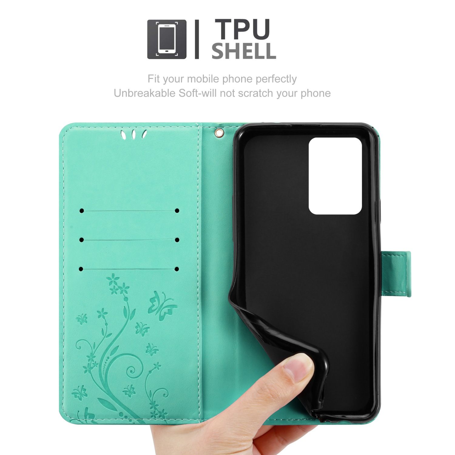Custodia per telefono aperta con un telefono all'interno. La custodia è color verde acqua.
