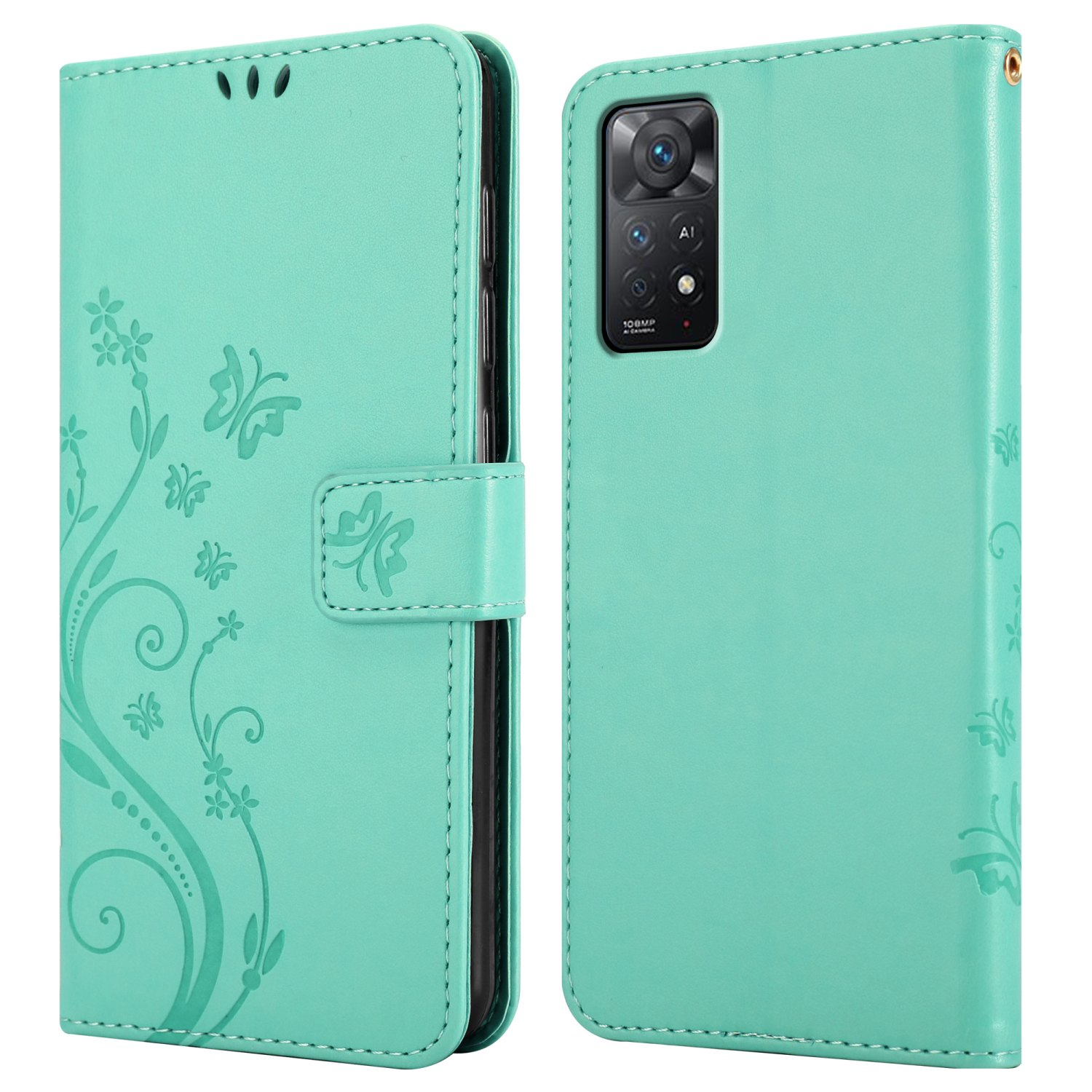 Custodia verde acqua con design floreale e farfalle. Il telefono è aperto. Sfondo bianco.
