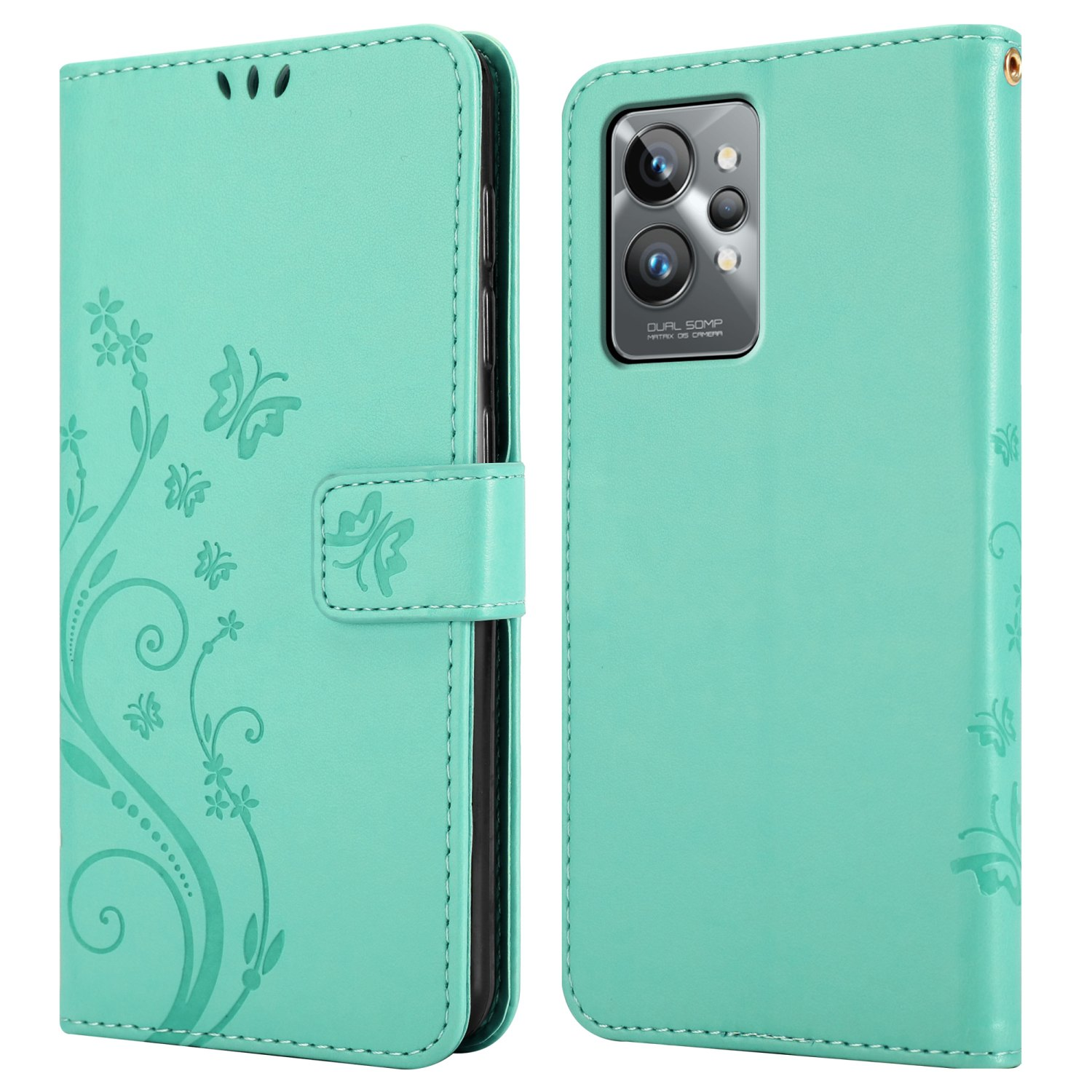 Custodia verde menta, design floreale, chiusura magnetica. La custodia è aperta, rivelando il telefono all'interno.