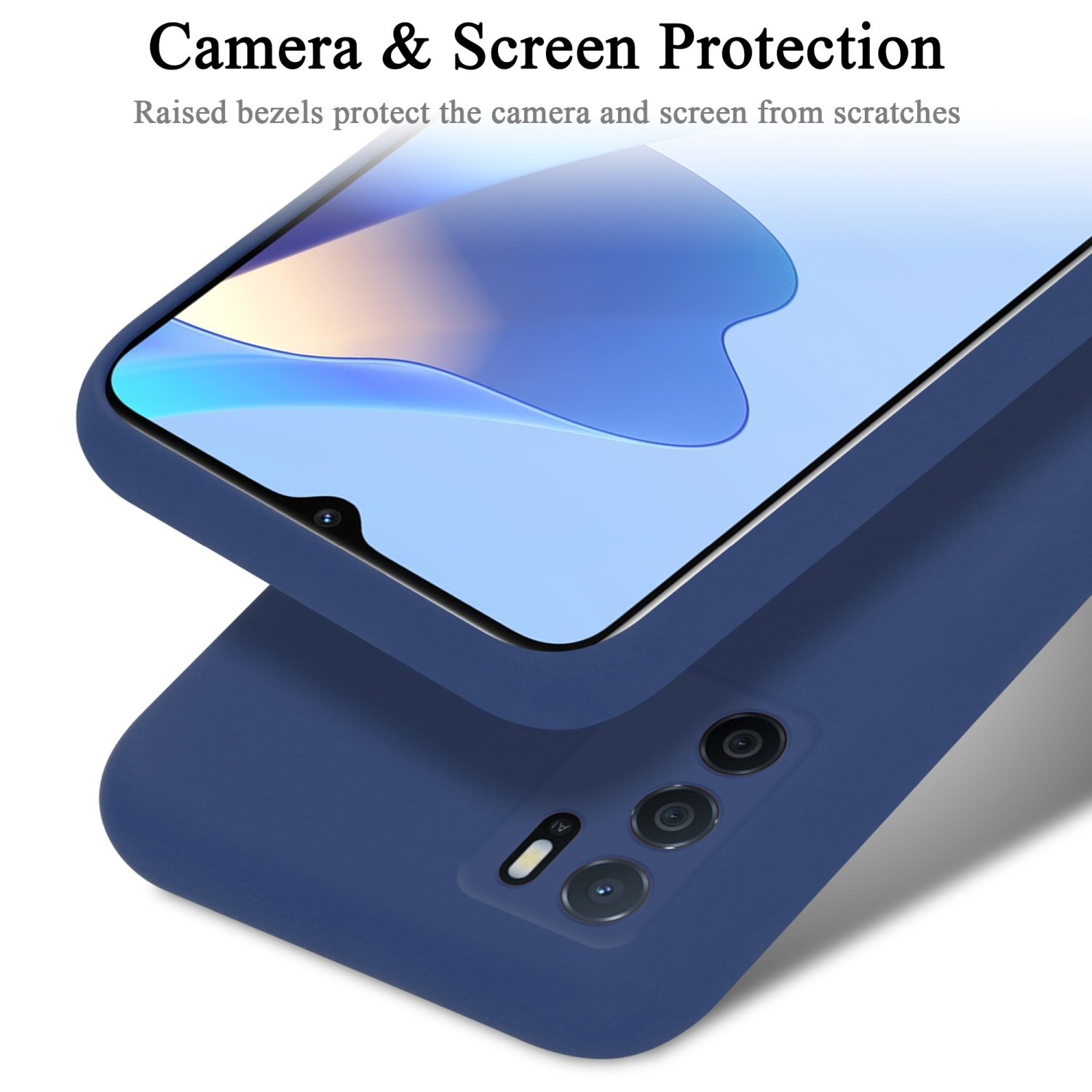 Eine blaue Handyhülle mit einem Telefon obenauf, erhöhte Blenden schützen Kamera und Bildschirm vor Kratzern.