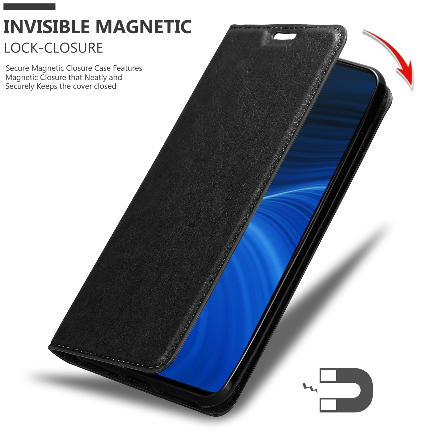 Custodia nera aperta, mostra schermo. Chiusura magnetica e icona magnete.
