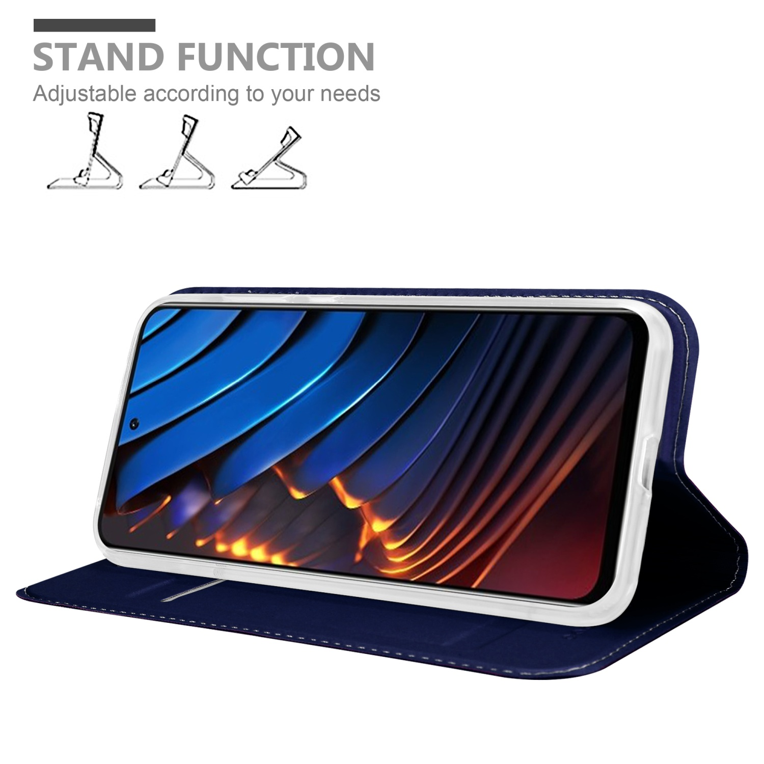 Dunkelblaue Handyhülle mit Ständerfunktion. Das Telefon befindet sich in der Hülle.