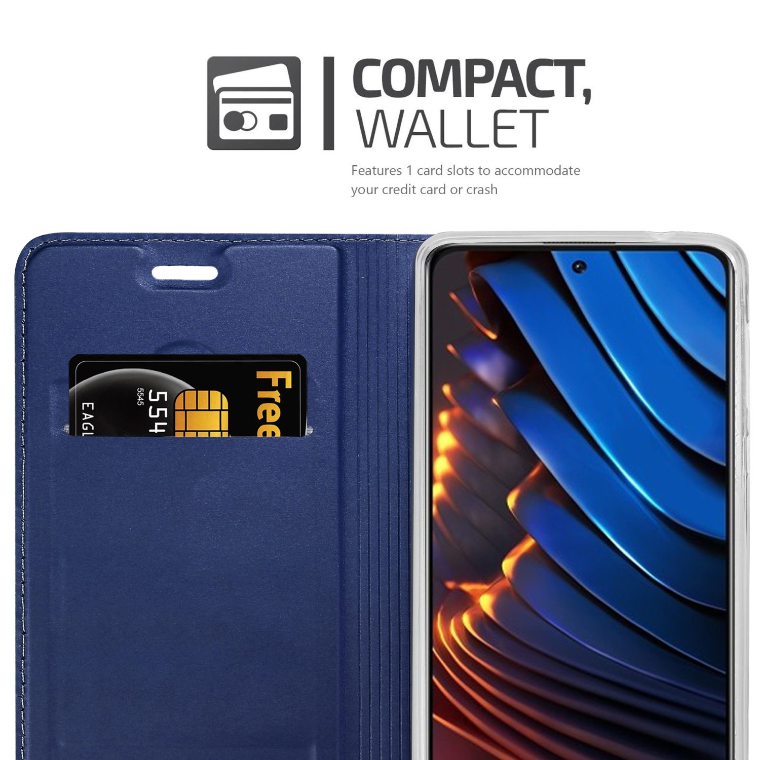 Blaue Geldbörsenhülle mit Telefon, Kreditkartenfach und Text 'COMPACT, WALLET' mit weiterem Text.
