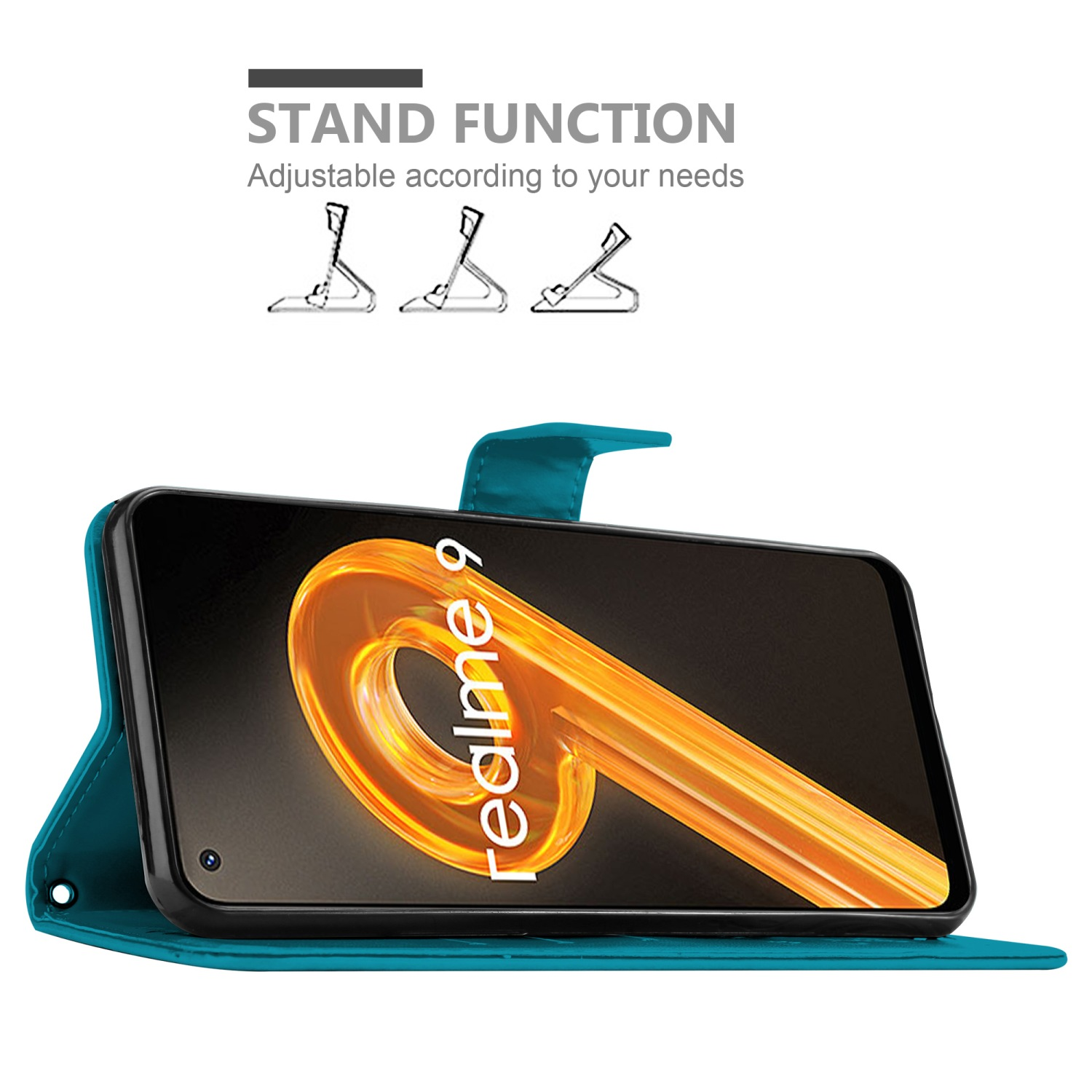 Una custodia per telefono verde acqua con un telefono in mostra. Il testo dice Funzione supporto. Lo schermo del telefono mostra un logo Realme.