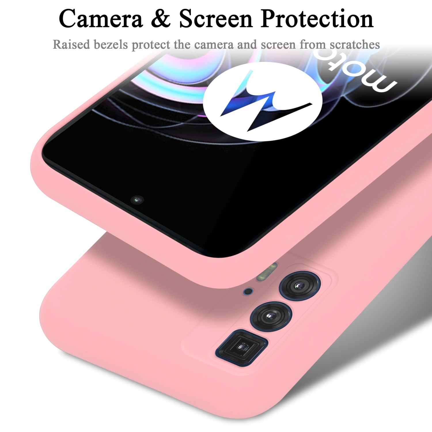 Custodia rosa che protegge un telefono con logo. Protezione fotocamera e schermo.