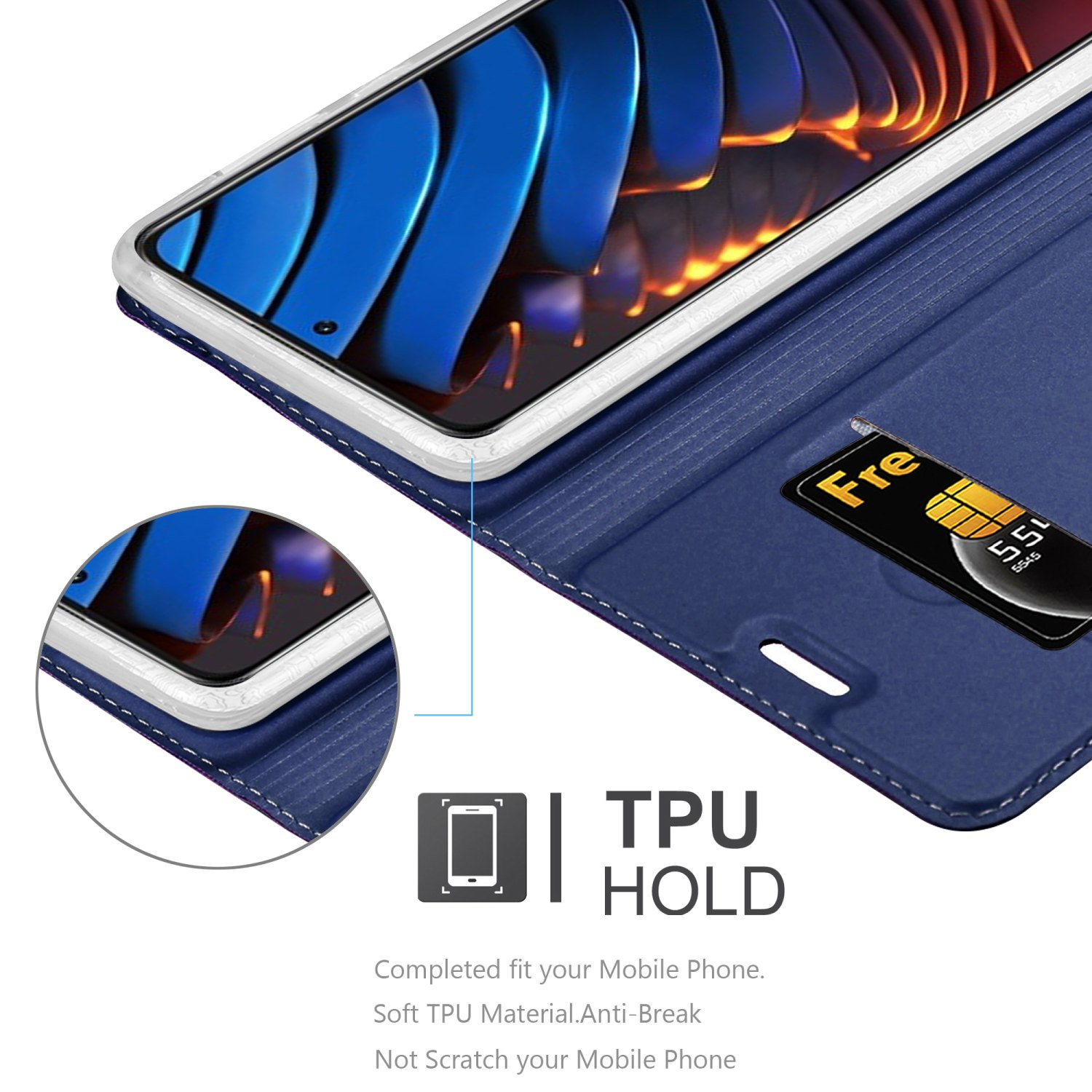 Eine blaue Handyhülle mit einem Telefon darin. Die Hülle hat einen Kartensteckplatz und ist geöffnet.