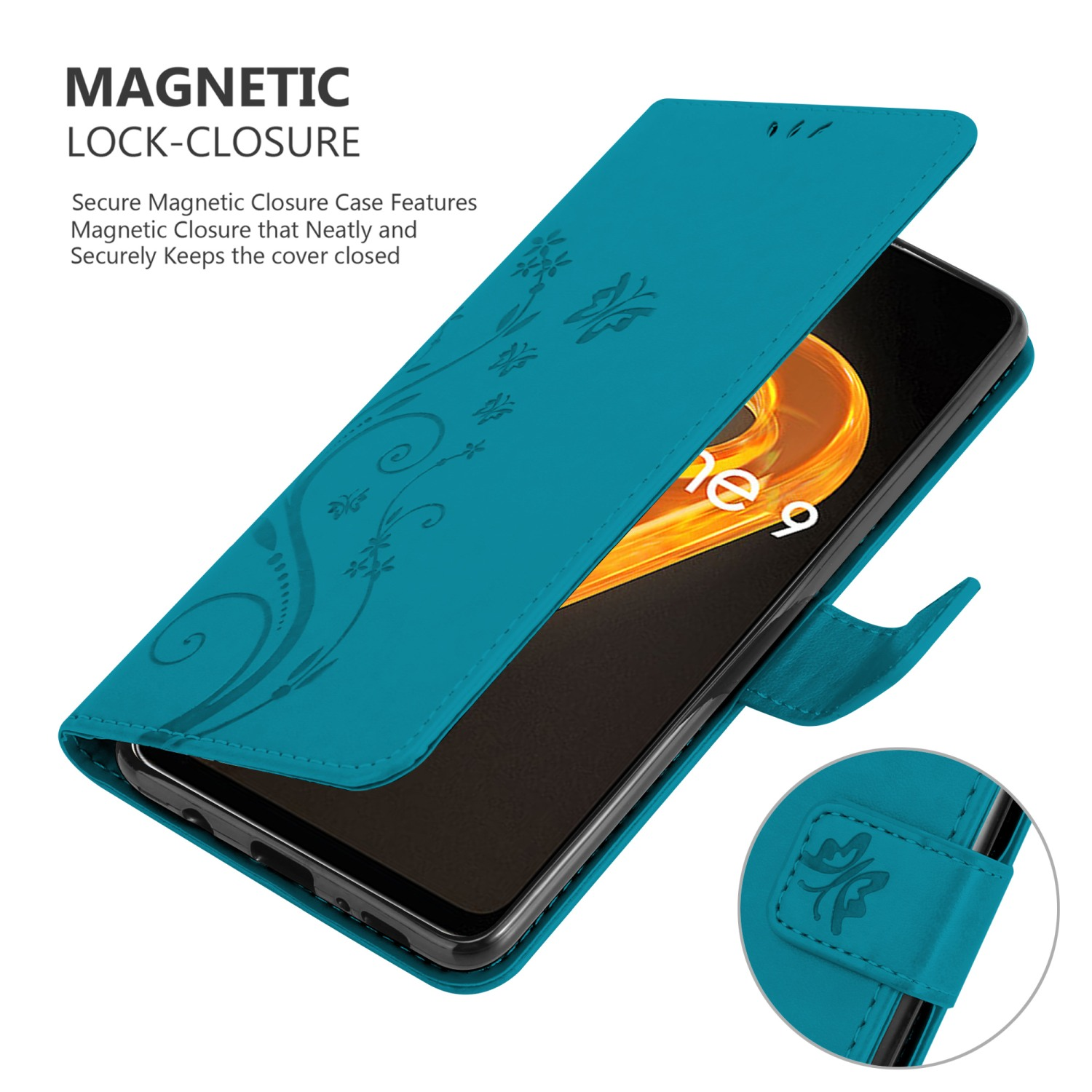 Una custodia per telefono verde acqua, aperta. C'è un telefono dentro. La custodia ha un design floreale e una chiusura magnetica.