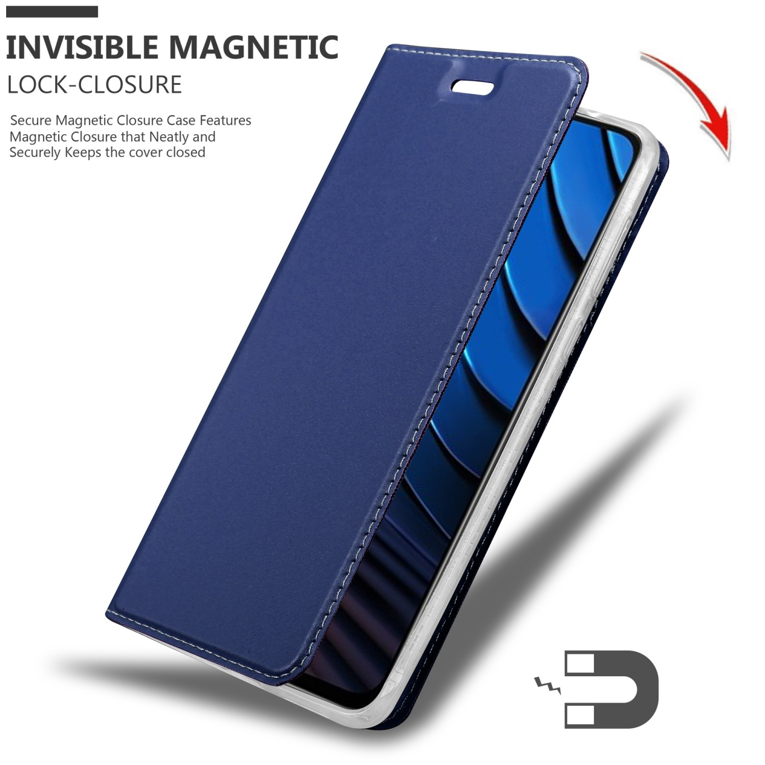 Blaue Handyhülle offen, mit Telefon darin. Ein Magnet-Symbol ist vorhanden.