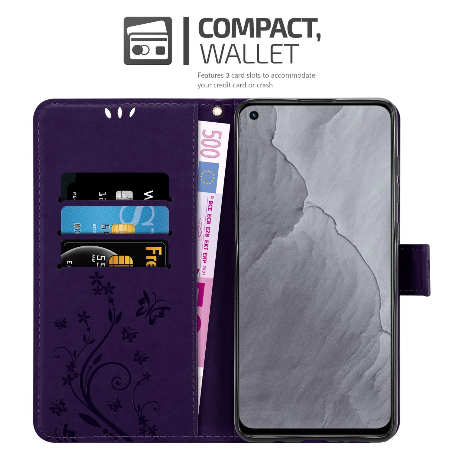 Portafoglio viola aperto, con carte e banconota da 500 euro. Schermo del telefono visibile. Design floreale.