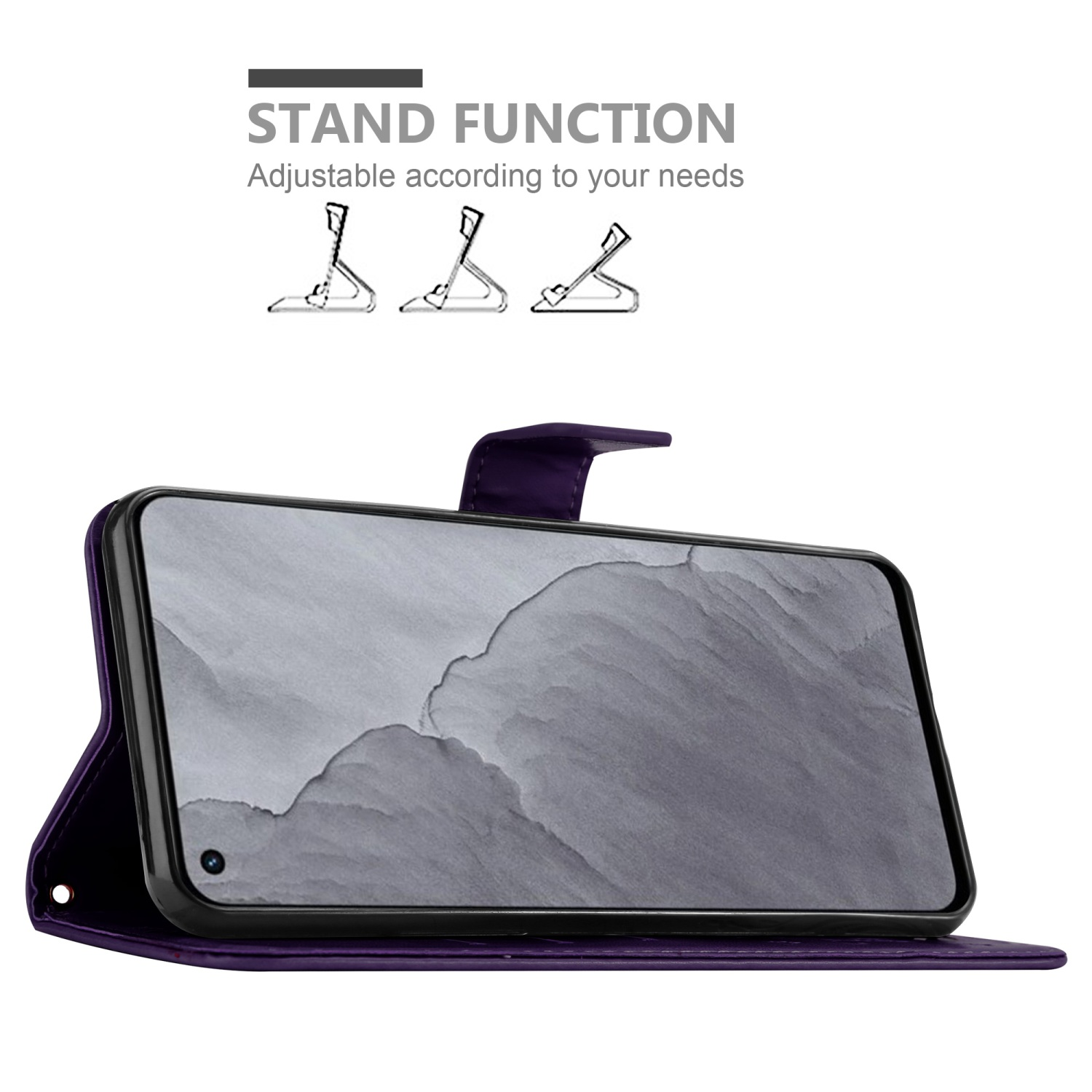 Custodia per telefono viola con funzione stand. Il telefono è visibile sulla custodia. Testo: Funzione stand. Custodia viola.