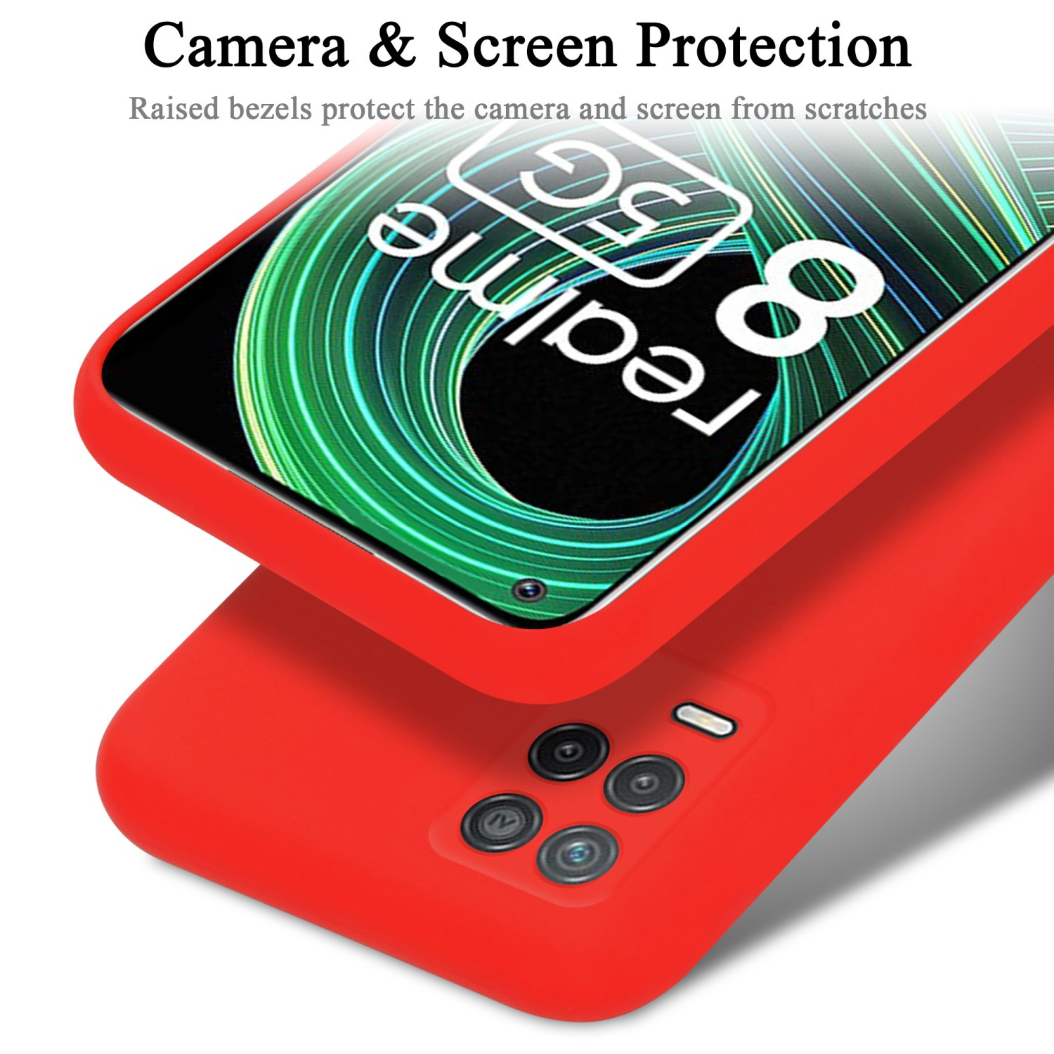 Custodia rossa per telefono con telefono all'interno. Il testo dice 'Protezione fotocamera e schermo'.