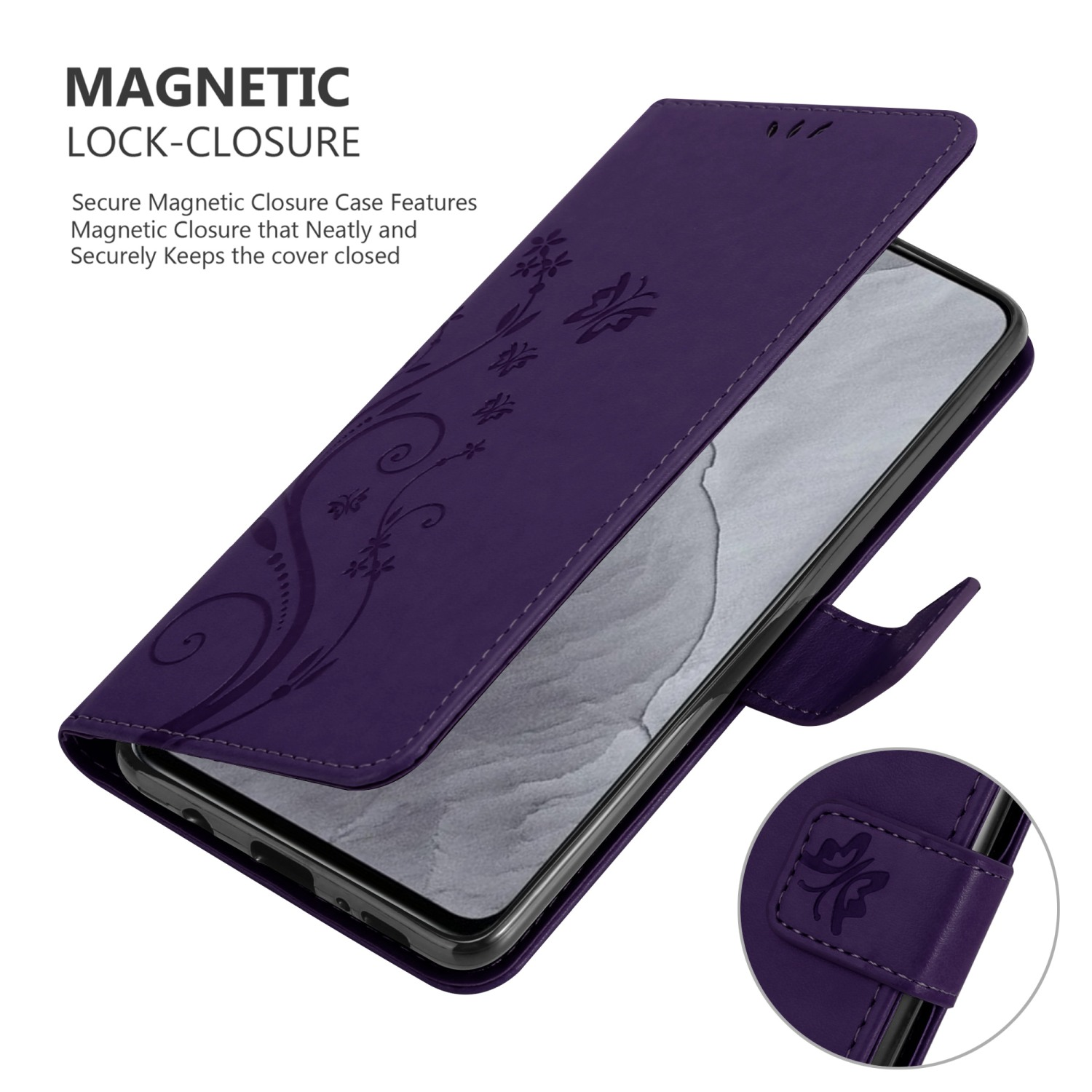 Custodia per telefono viola con design floreale. Il telefono è dentro. Ha una chiusura magnetica.