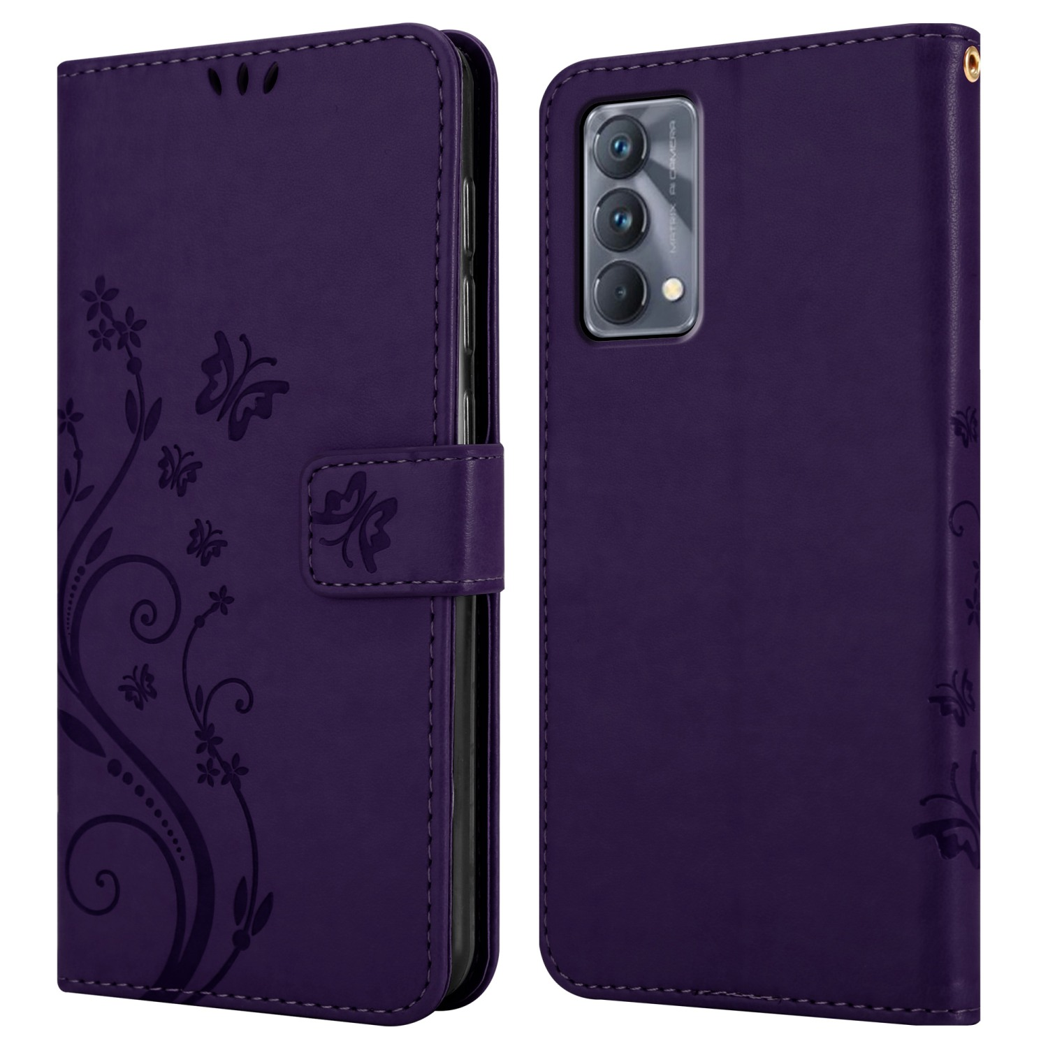 Custodia a portafoglio viola per telefono con design floreale, telefono a destra.