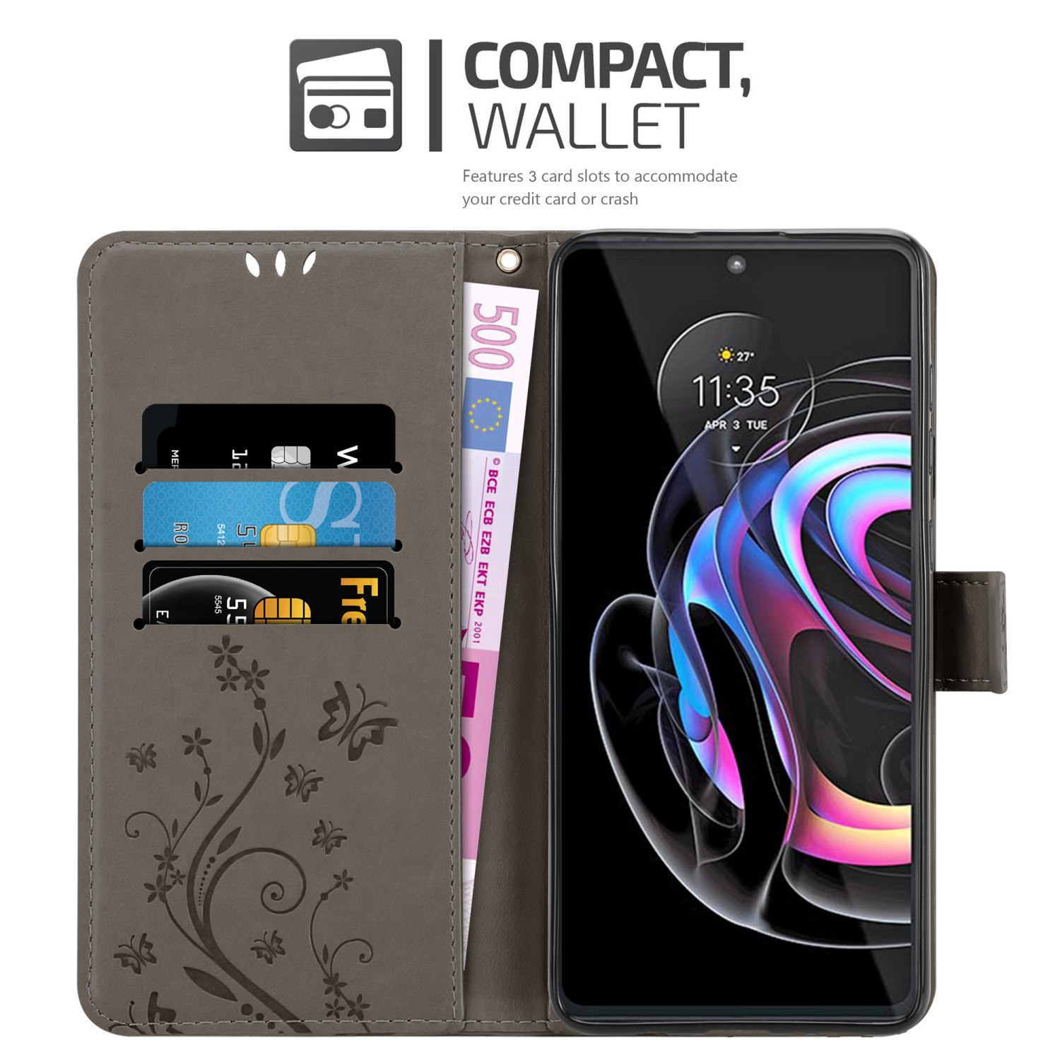 Custodia grigia aperta con telefono, carte e denaro all'interno. Testo: 'COMPACT, WALLET'.