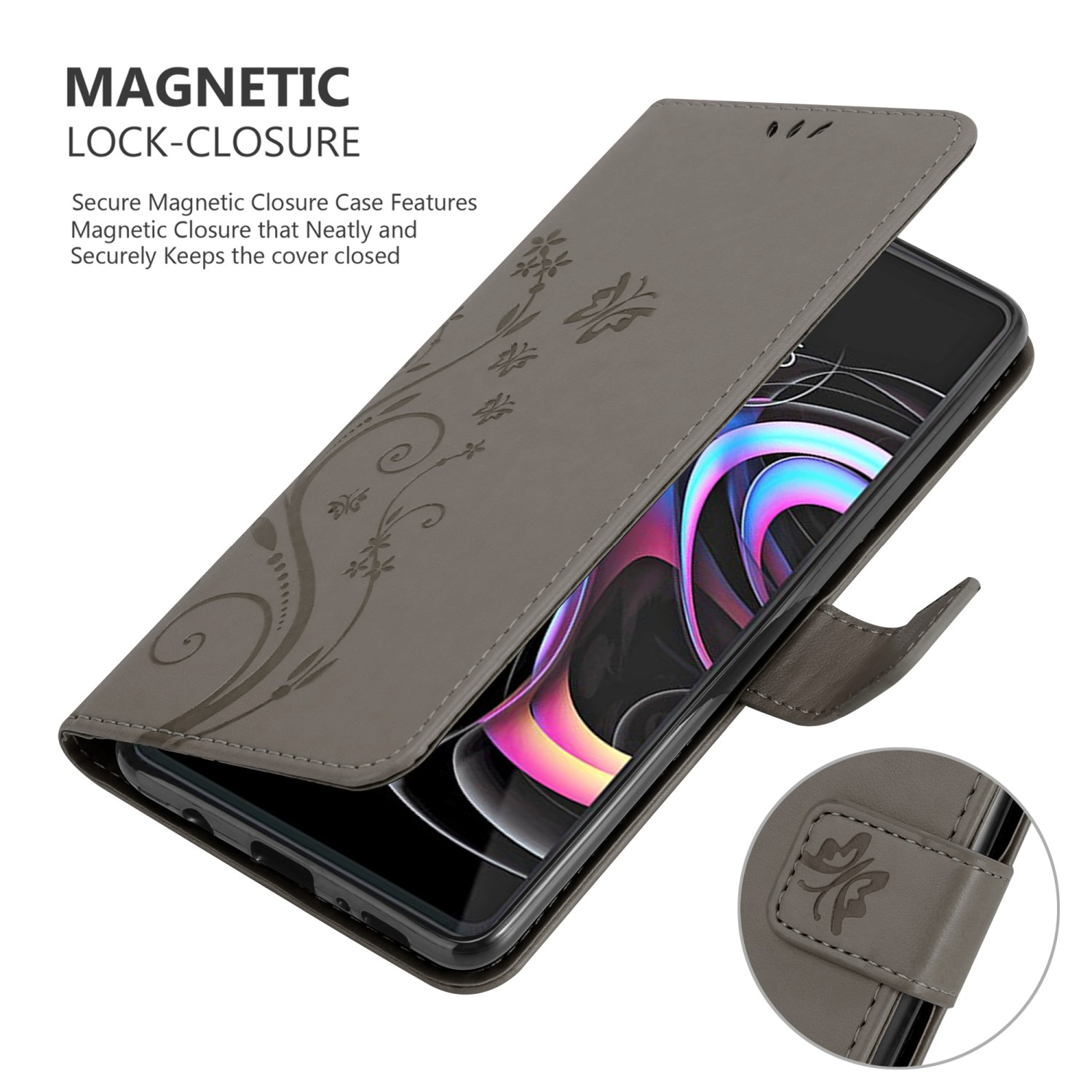 Custodia grigia per telefono, aperta, che mostra il telefono. Motivo floreale sulla cover. Testo: Chiusura magnetica. Primo piano.