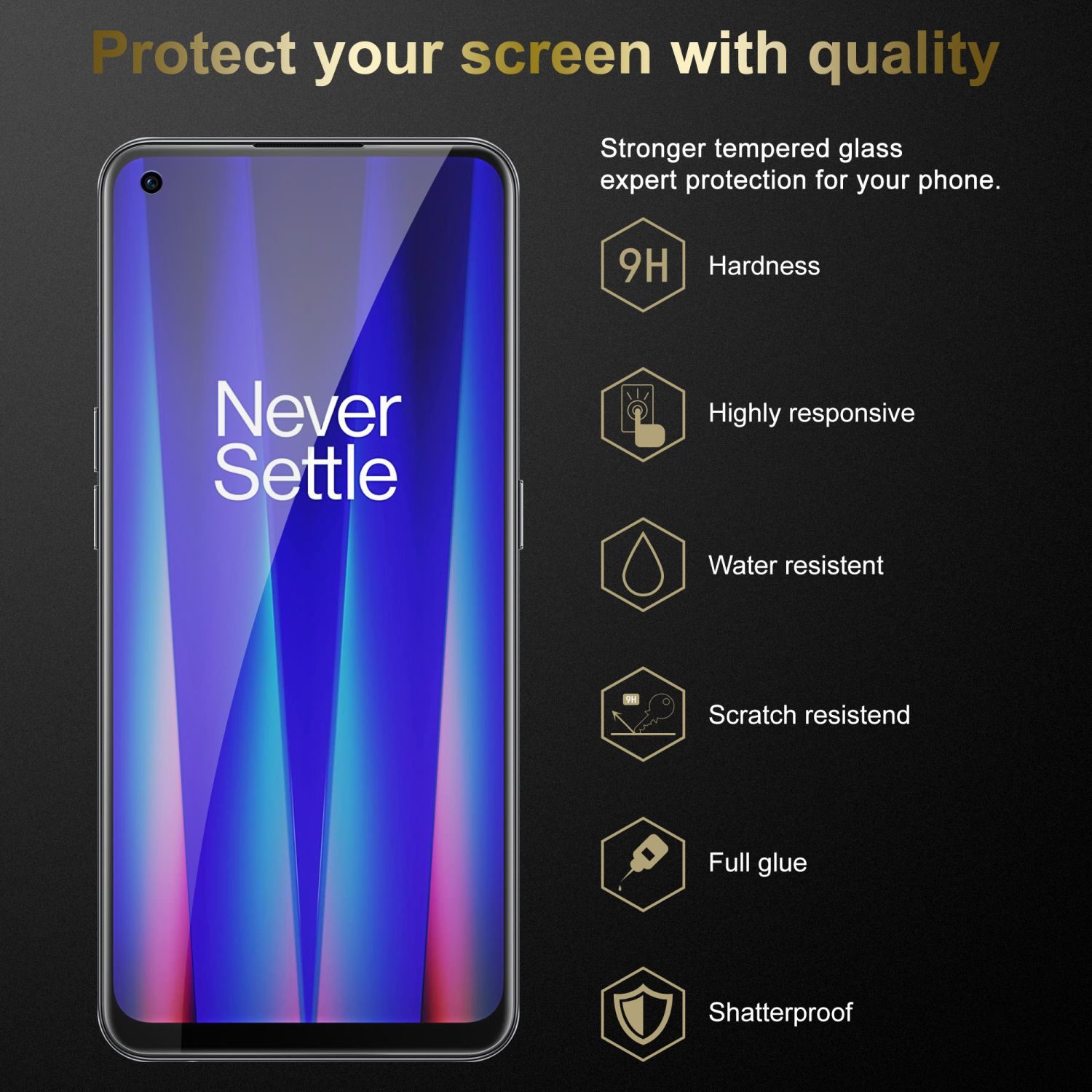 Schermo del telefono con gradiente blu e viola, testo e icone con funzionalità elencate.