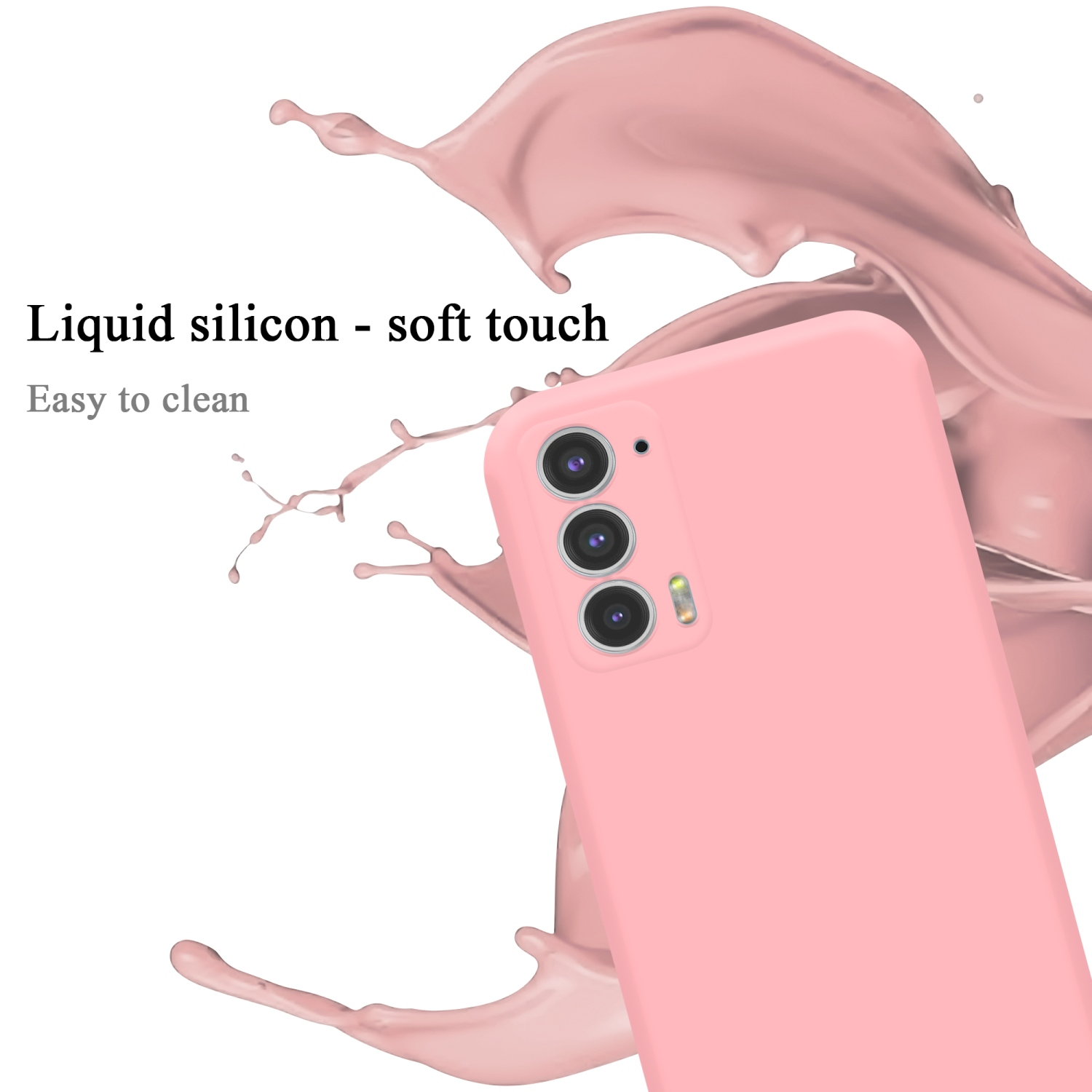 Custodia rosa con silicone liquido. Fotocamera visibile. Tocco morbido e facile da pulire.
