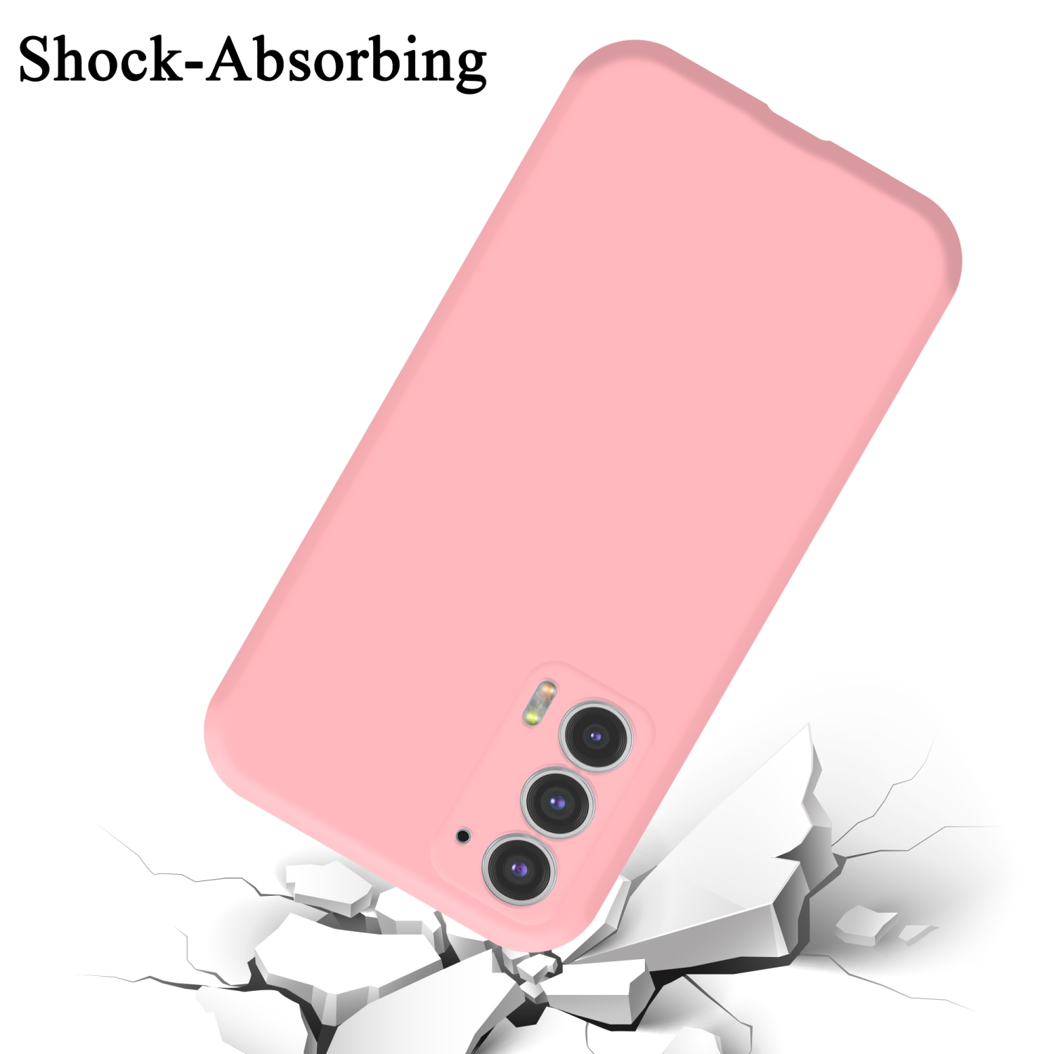 Una custodia rosa per telefono che cade su una superficie incrinata, con il testo 'Shock-Absorbing'.