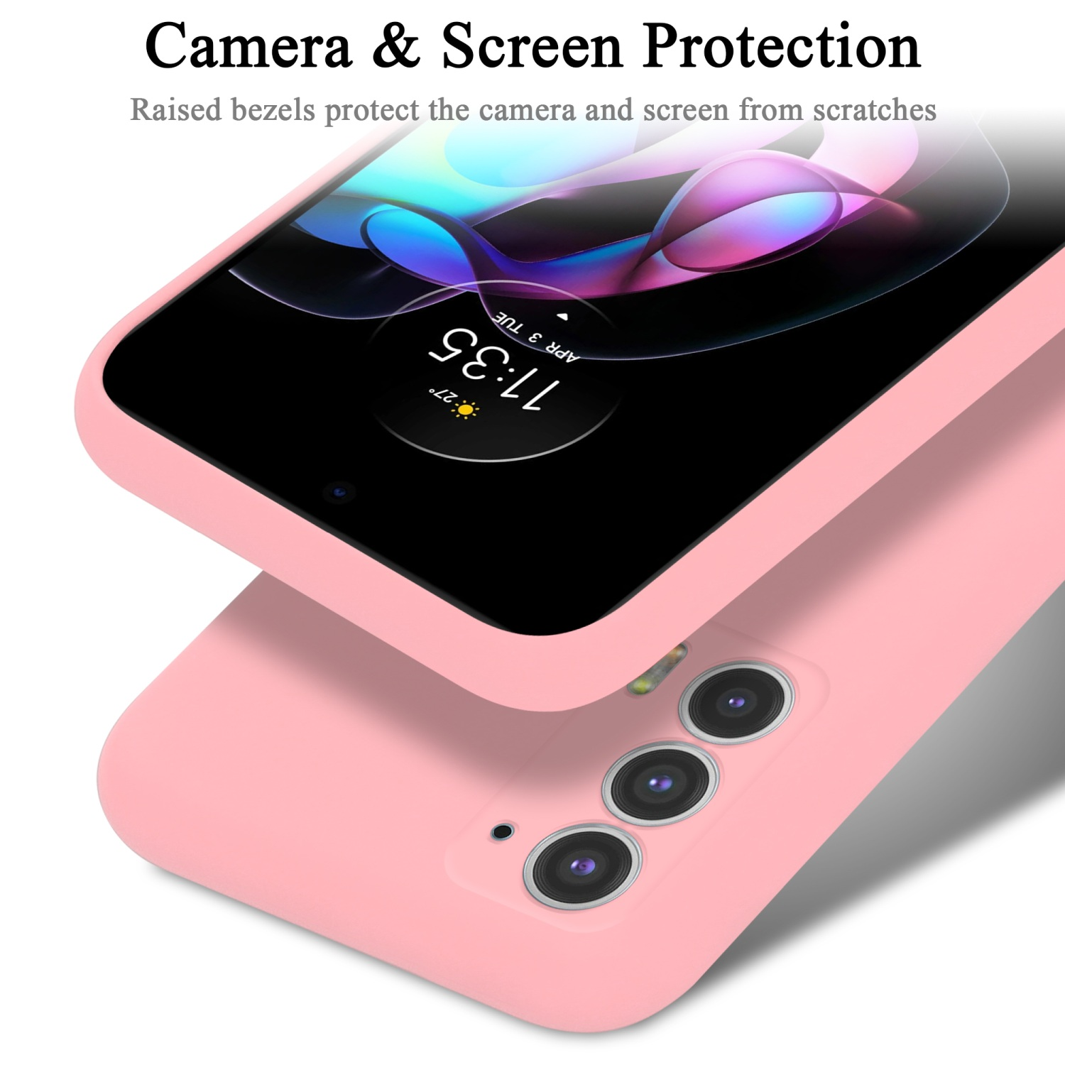 Una custodia rosa per telefono con un telefono all'interno. La custodia copre la fotocamera e lo schermo.