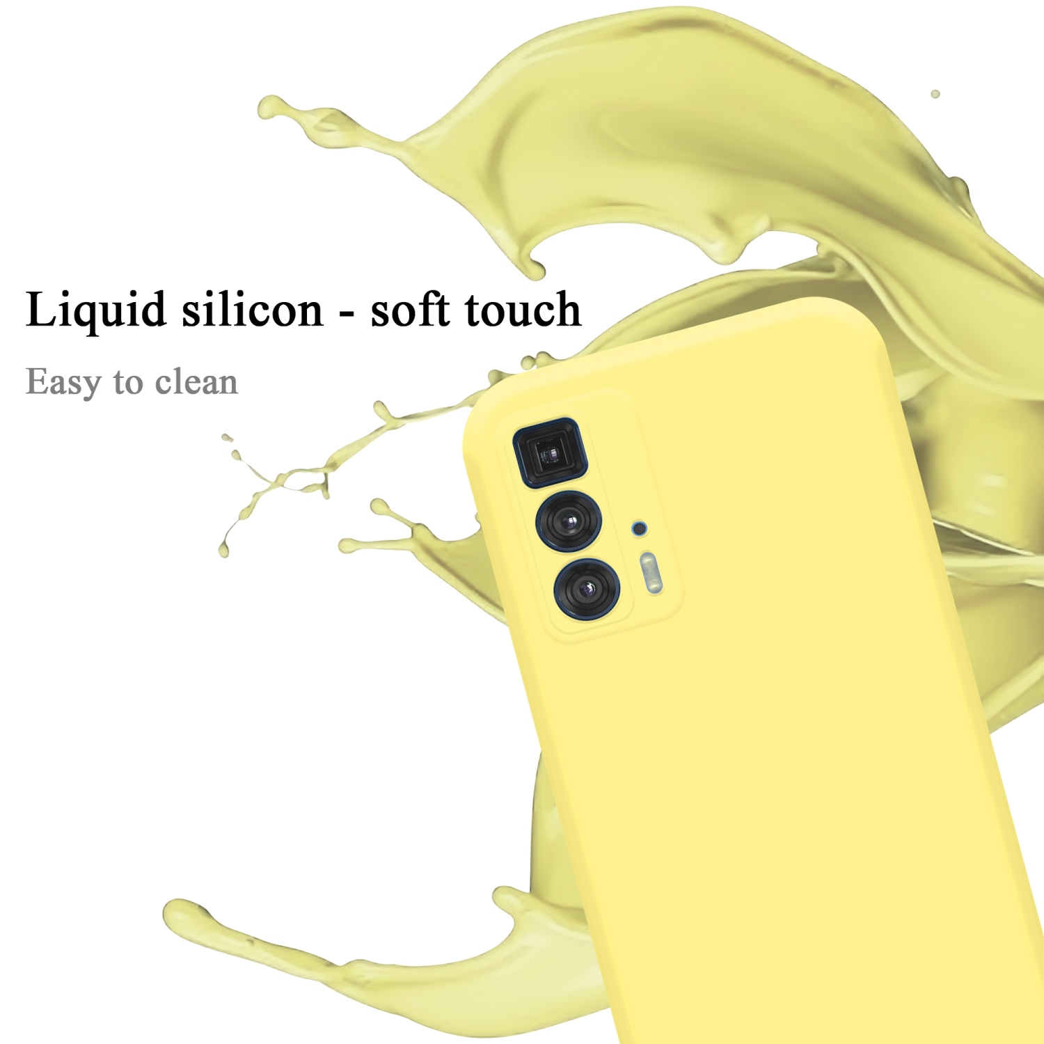 Custodia gialla con spruzzi di liquido giallo. La custodia è per un telefono con più fotocamere.