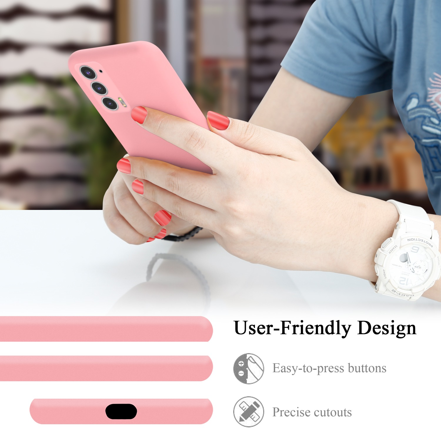 Una donna tiene in mano un telefono rosa. Il telefono è rosa.
