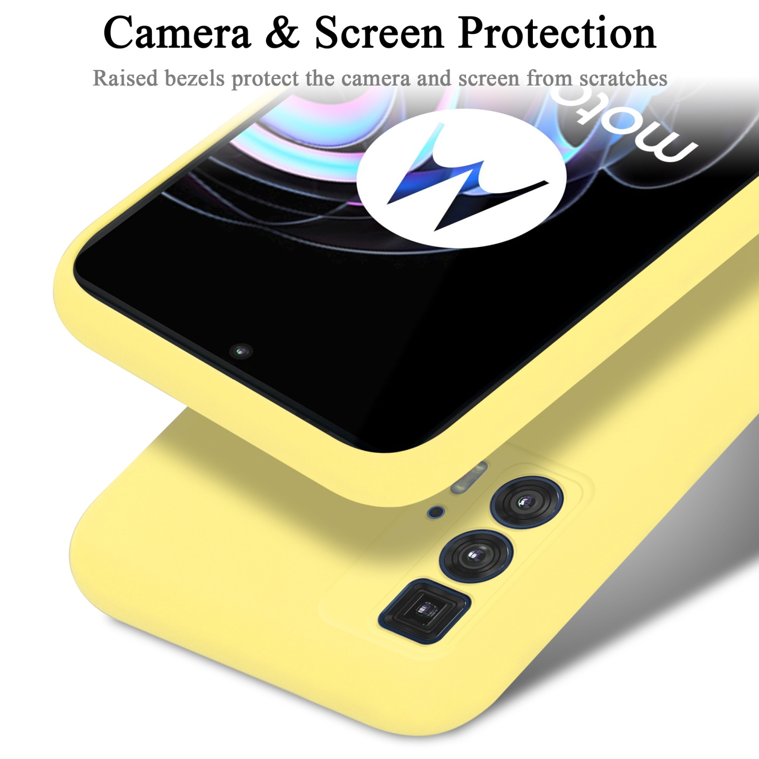 Una custodia gialla per telefono che protegge un telefono. Il testo dice 'protezione della fotocamera e dello schermo'.