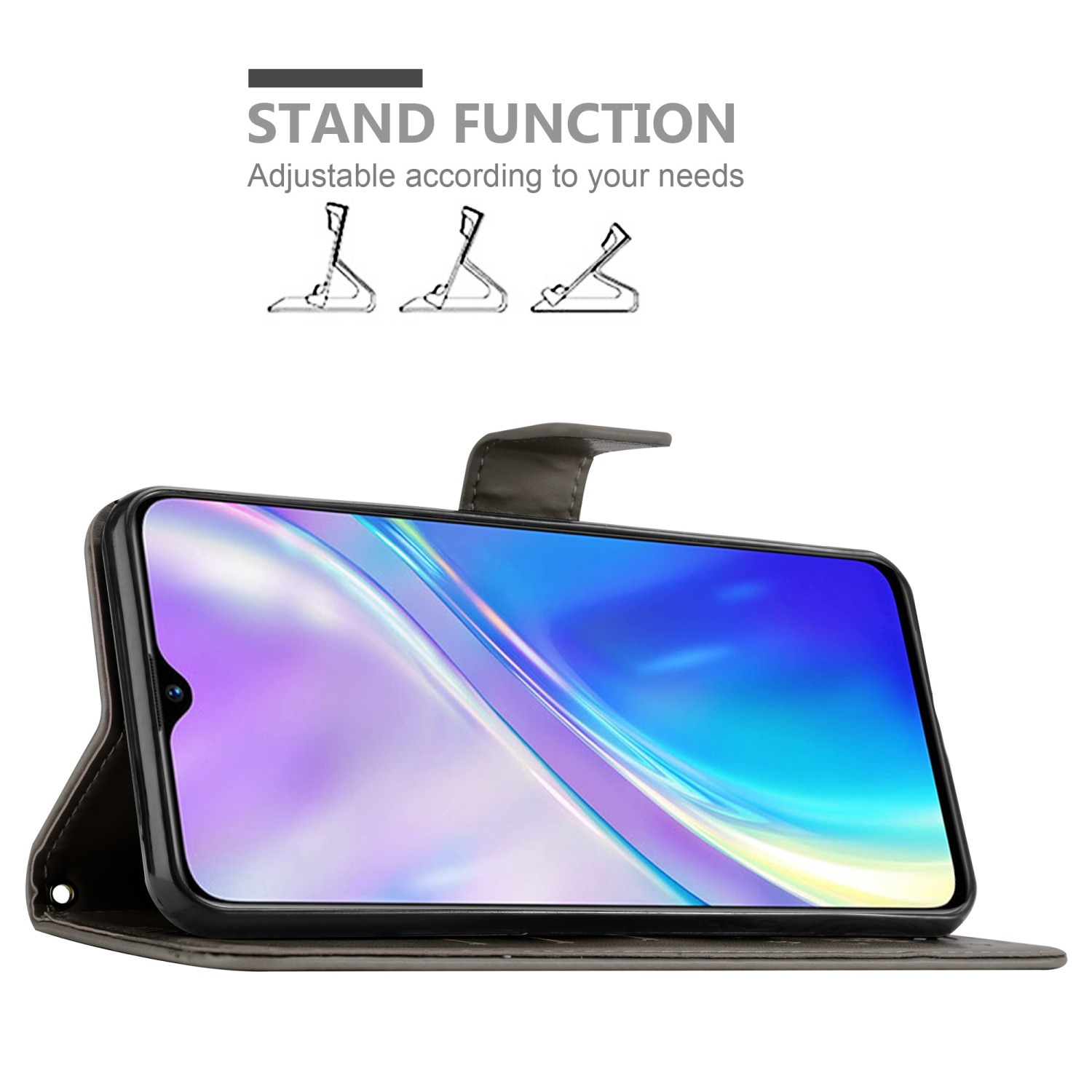Un telefono in una custodia, puntellato. Tre diagrammi mostrano diverse angolazioni del supporto.