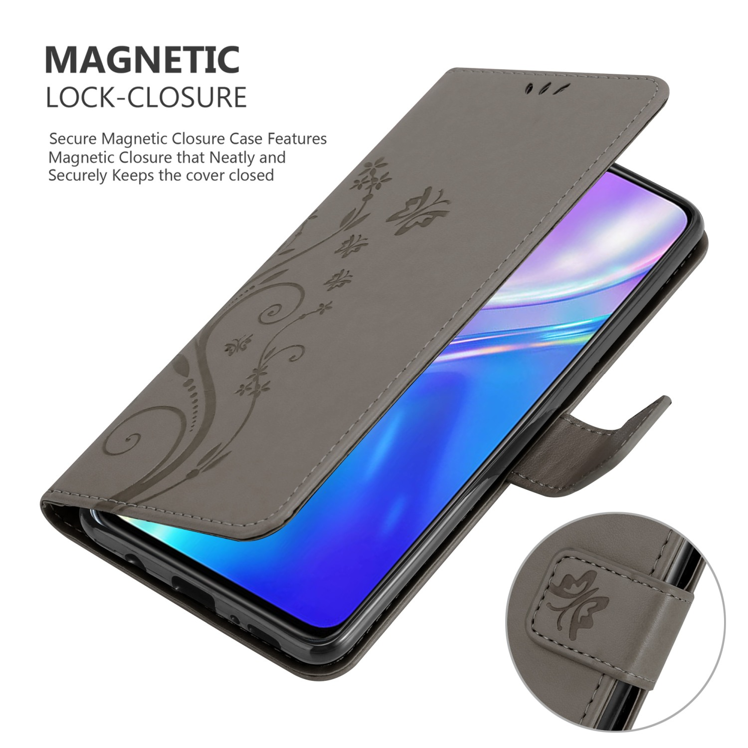 Una custodia grigia con un telefono all'interno. La custodia ha motivi floreali. Testo: MAGNETIC LOCK-CLOSURE.