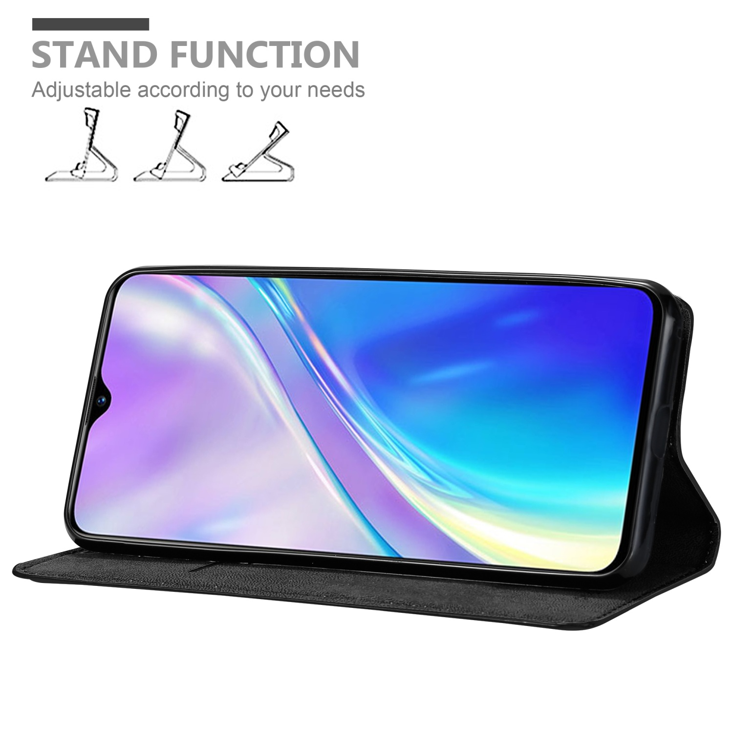 Custodia per telefono con funzione stand. Il telefono è nella custodia, su sfondo bianco. Tre esempi di stand.