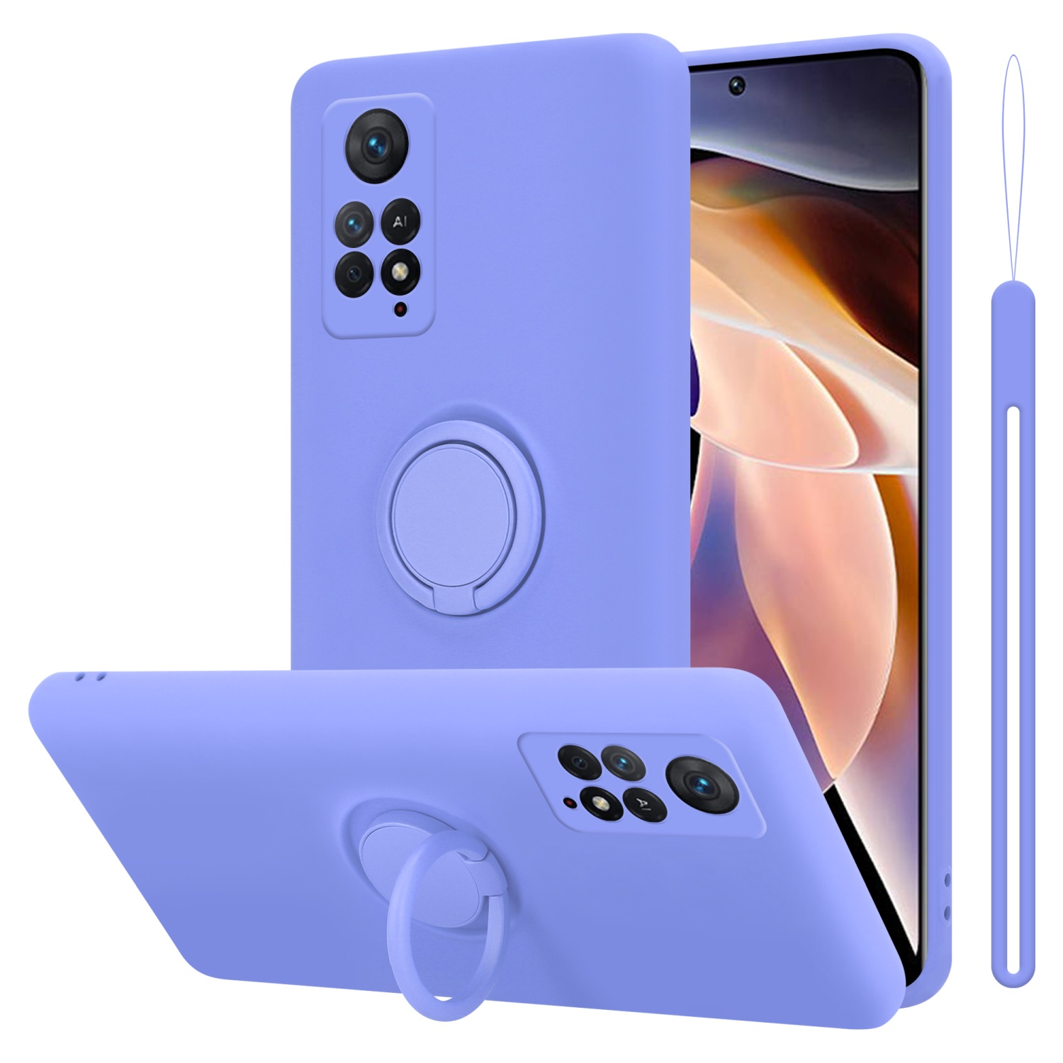 Tre custodie lilla con anello. Un telefono è in una custodia. La custodia ha una fotocamera.