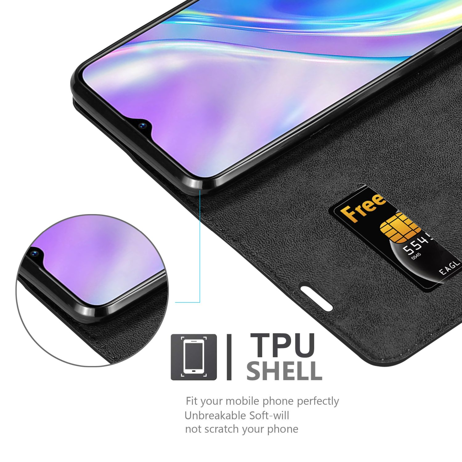 Una custodia nera con telefono all'interno e un porta SIM. Testo: TPU SHELL, morbido, non graffia.