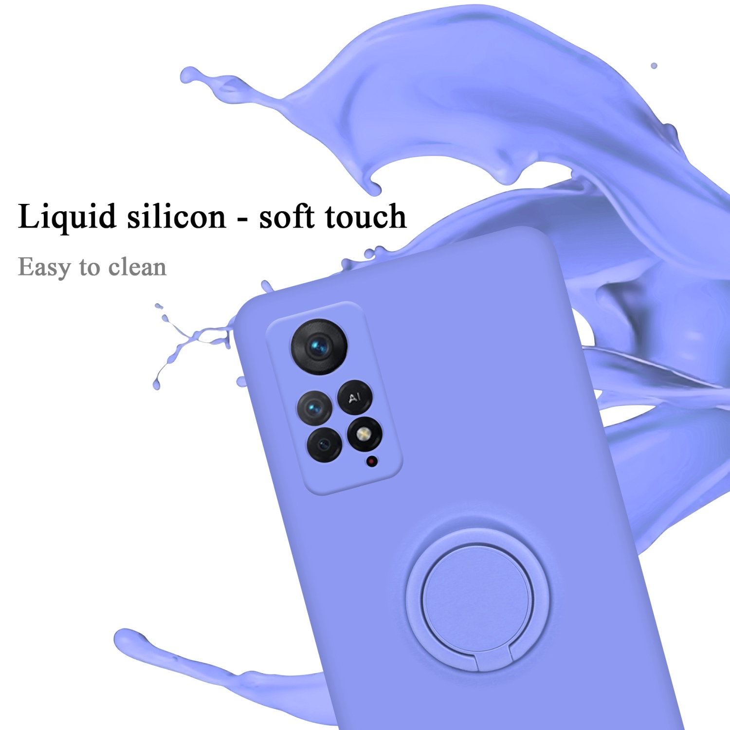 Custodia lilla con effetto spruzzo di liquido. Tocco morbido, facile da pulire. Fotocamera e supporto visibili.