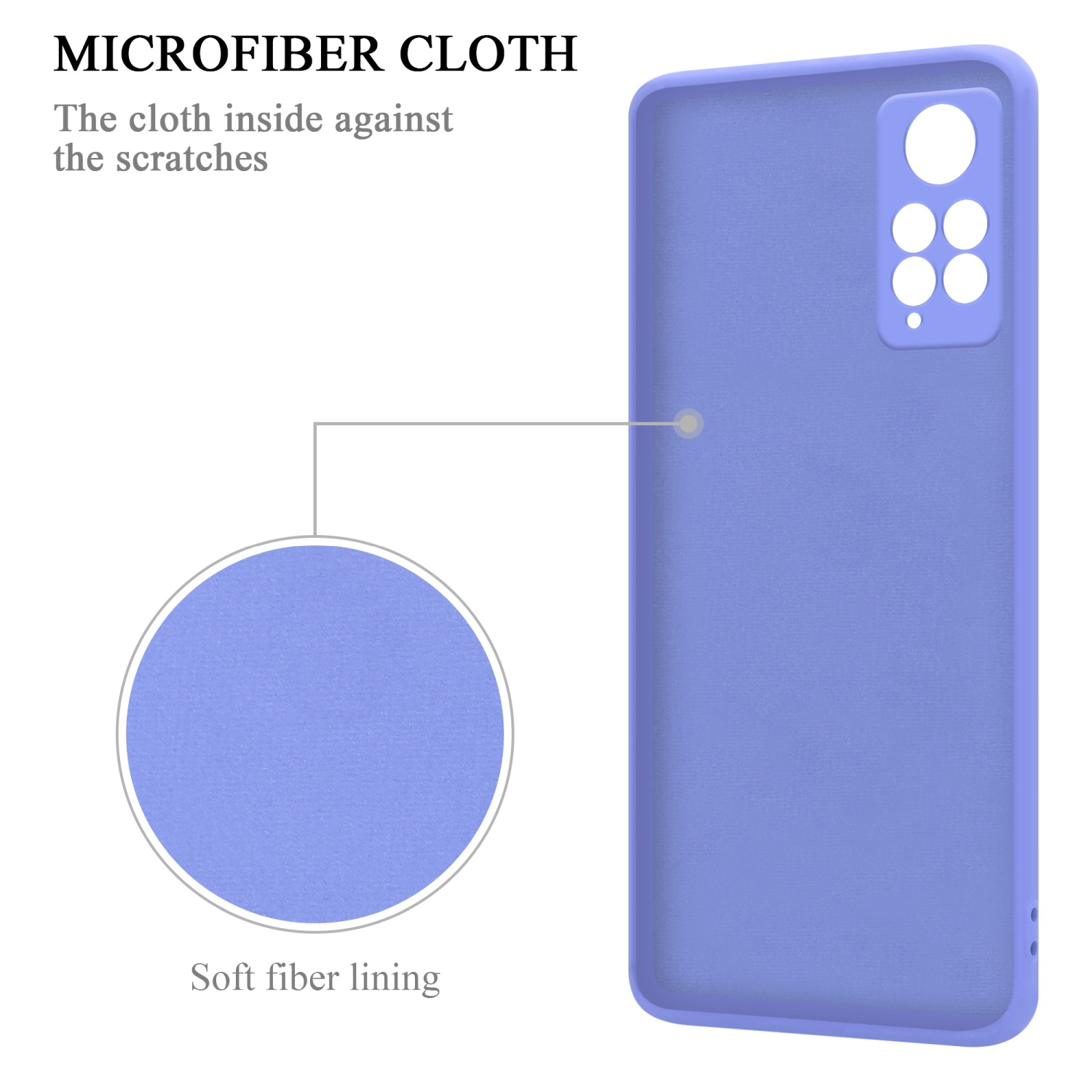 Una custodia per telefono lilla con fodera in fibra morbida. Un diagramma mostra che un panno in microfibra viene utilizzato per prevenire i graffi.