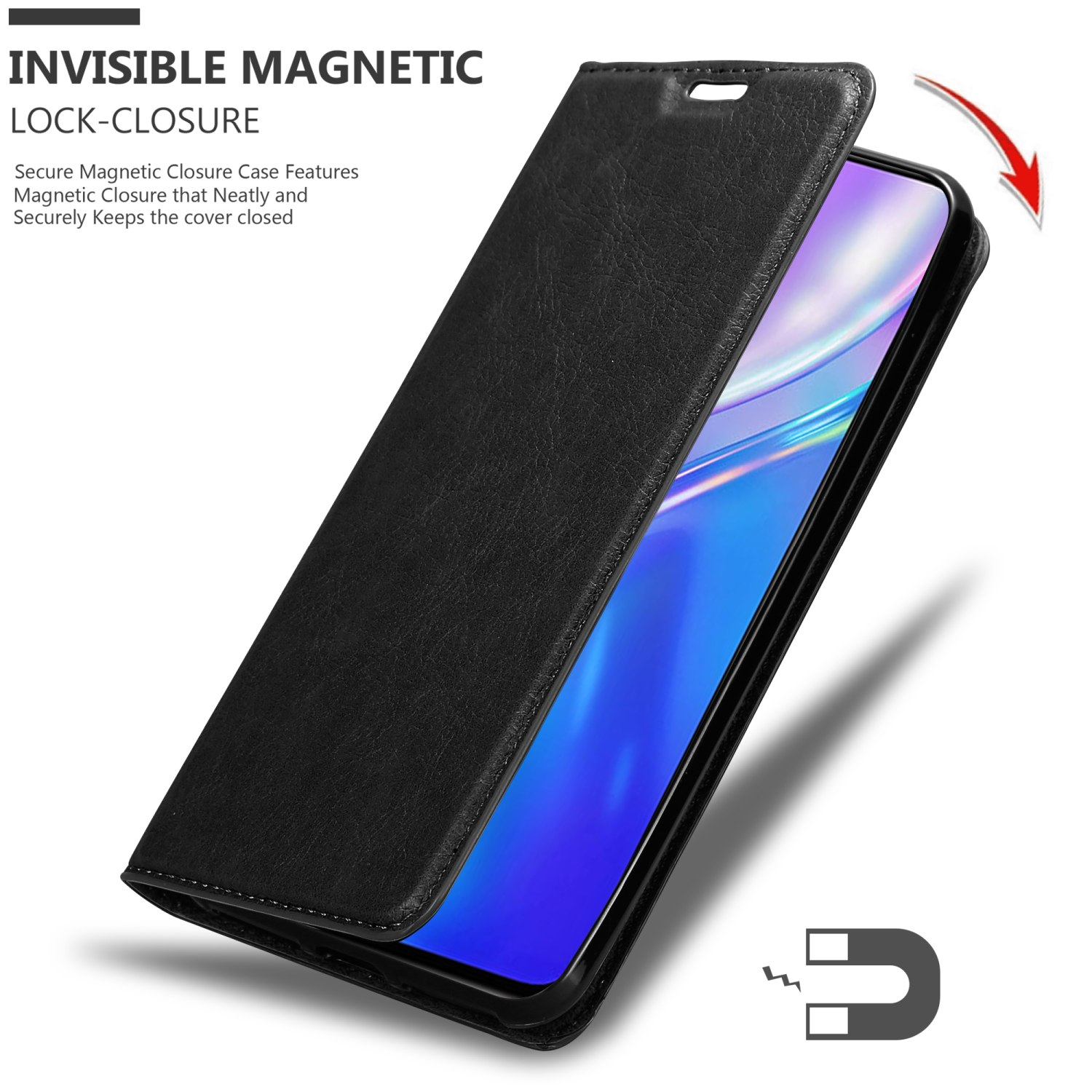 Custodia per telefono nera aperta, che mostra il telefono all'interno. Dettaglio magnete mostrato. Descrizione della chiusura magnetica invisibile.