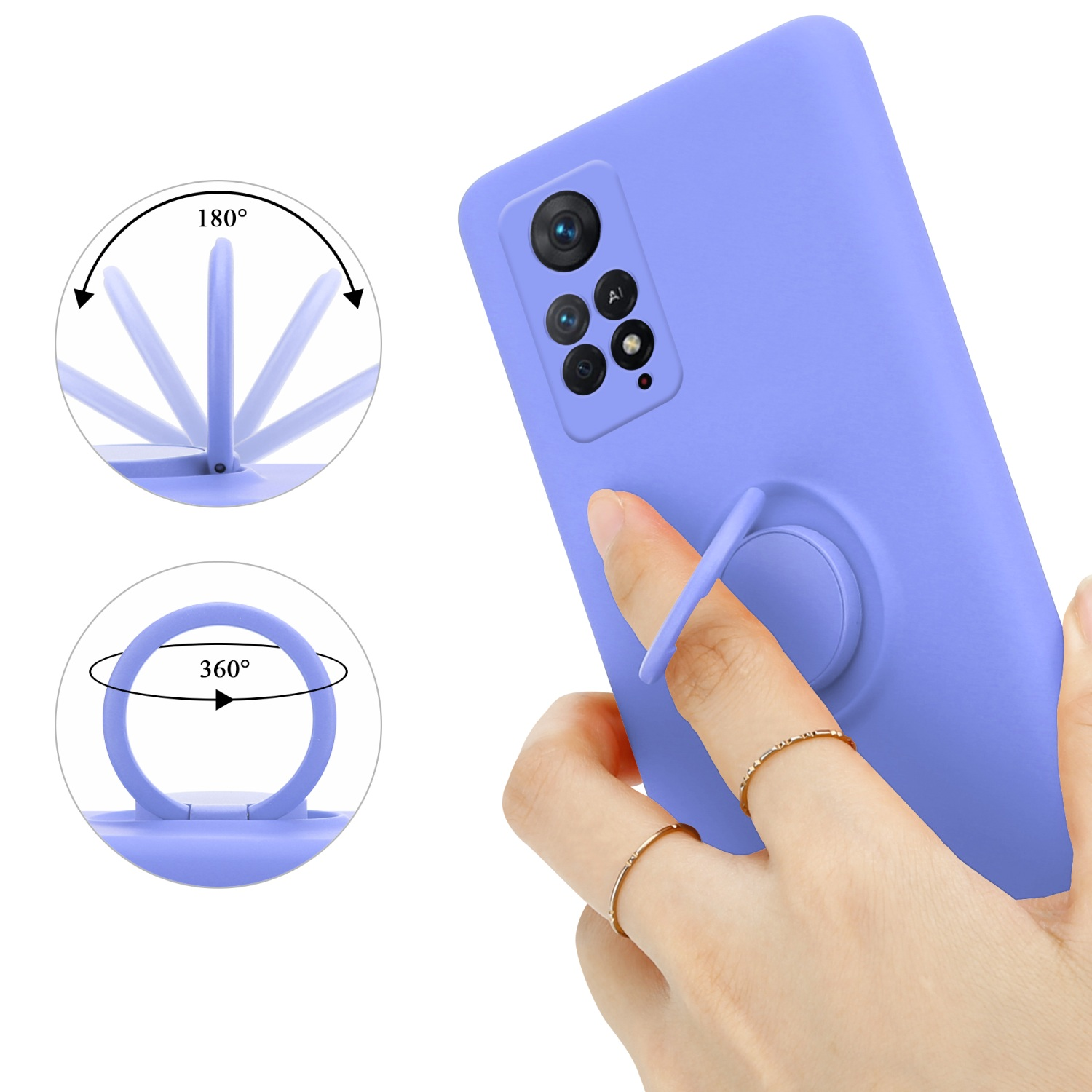 Custodia per telefono lilla chiaro con anello. Mano che tiene il telefono. L'anello ruota di 180 e 360 gradi.