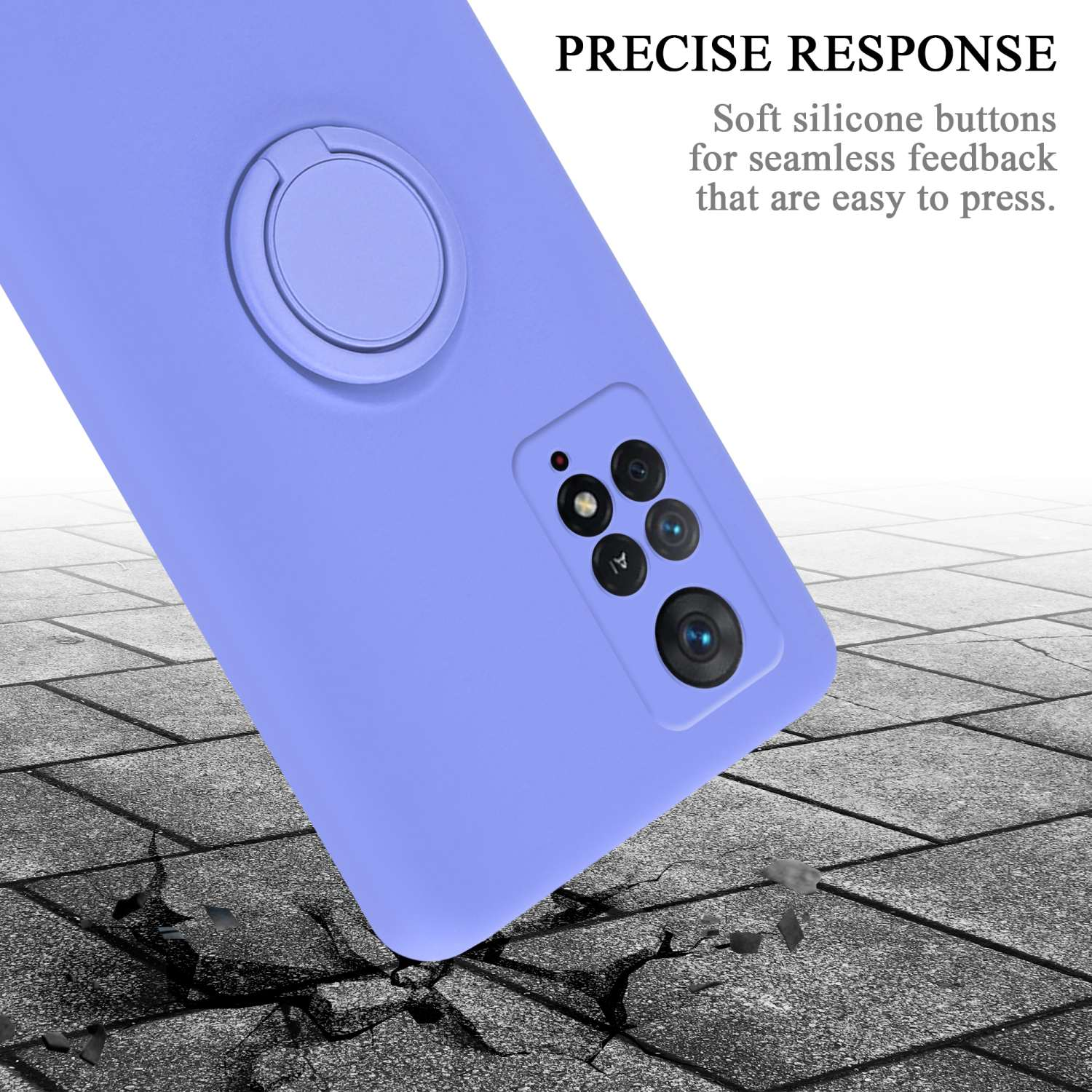 Custodia per telefono con anello e sporgenze della fotocamera. Custodia viola chiaro su superficie grigia.