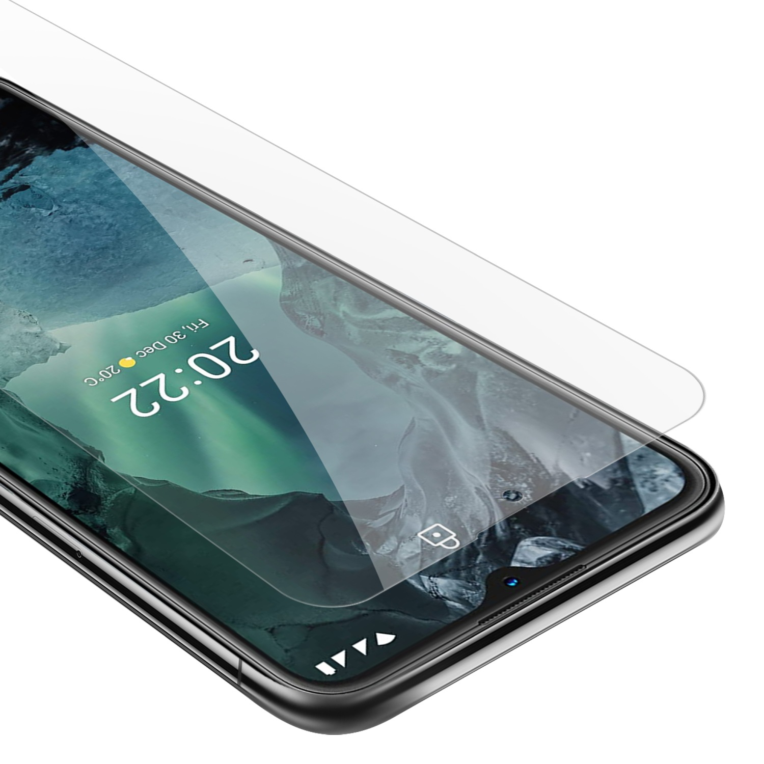 Schermo del telefono con protezione schermo. Mostra l'ora 20:22. Protezione trasparente sullo schermo.