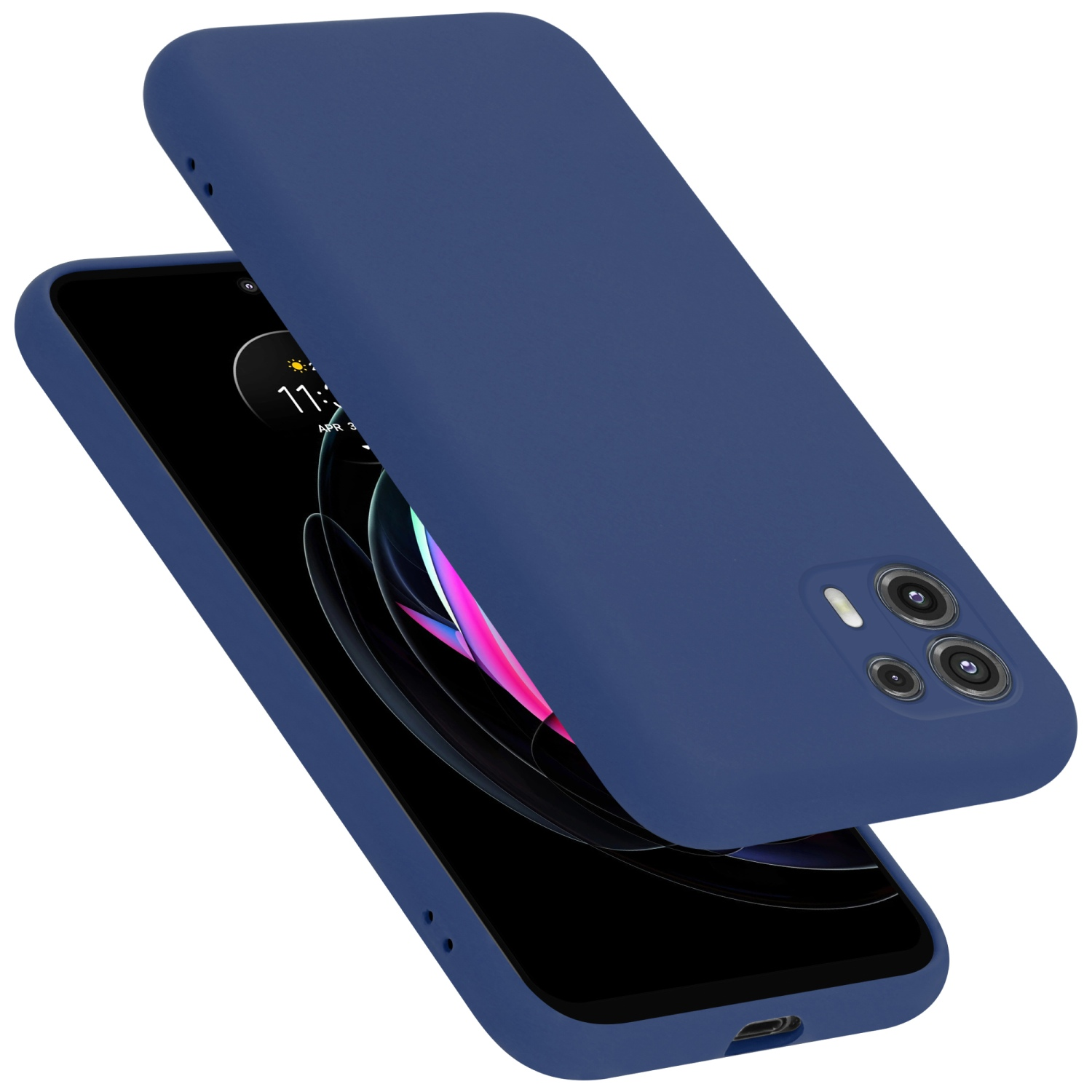 Blaue Handyhülle auf blauem Telefon. Die Hülle hat einen Kameraausschnitt.