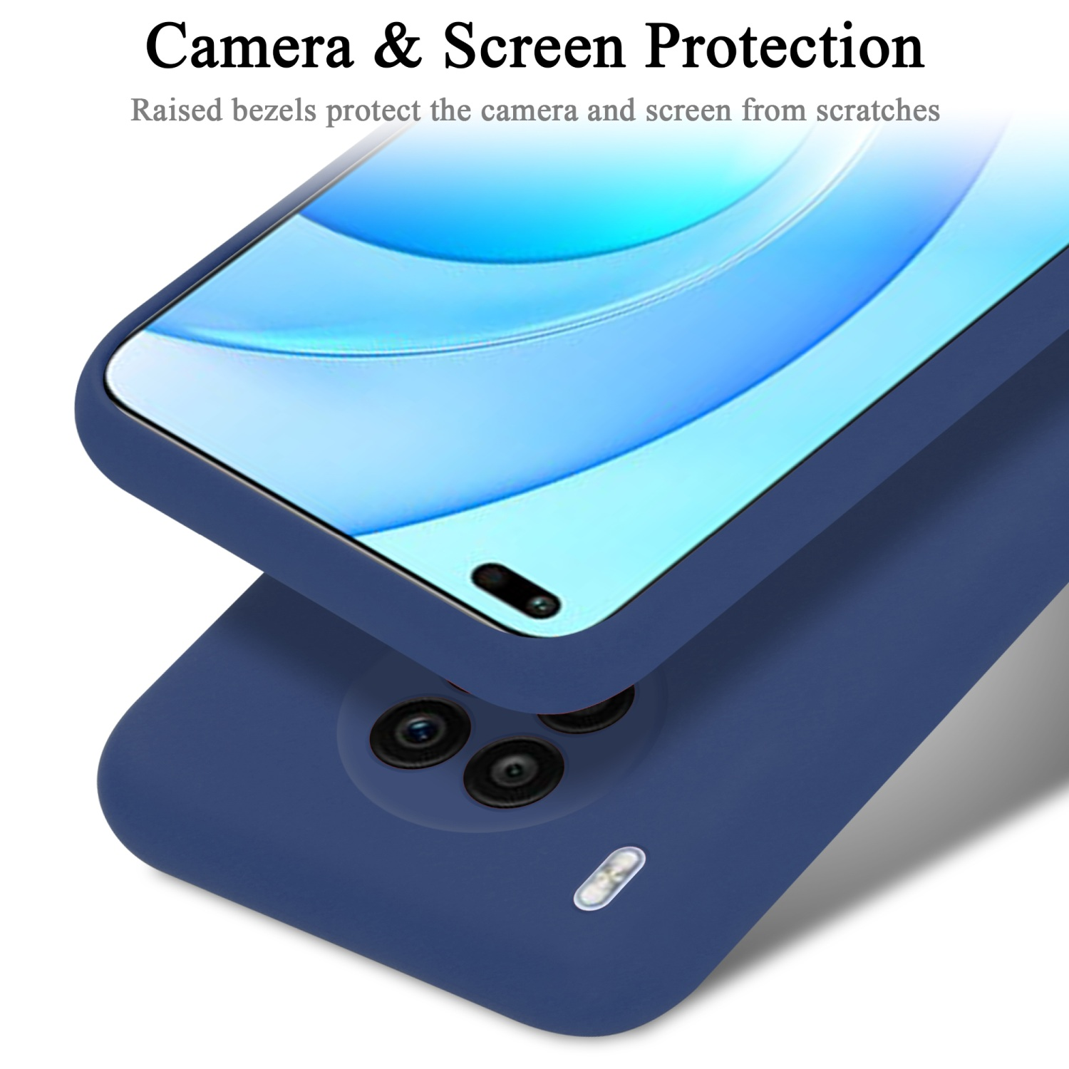 Blaue Handyhülle bedeckt ein Telefon, Kamera und Bildschirm sind geschützt.