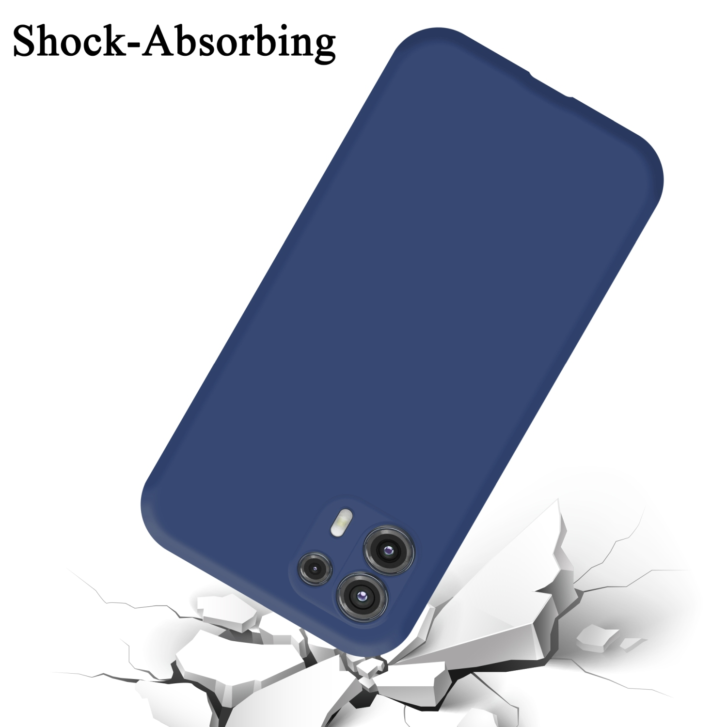 Blaue Handyhülle. Ein Telefon fällt, mit zerbrochener weißer Oberfläche. Die Hülle ist blau.