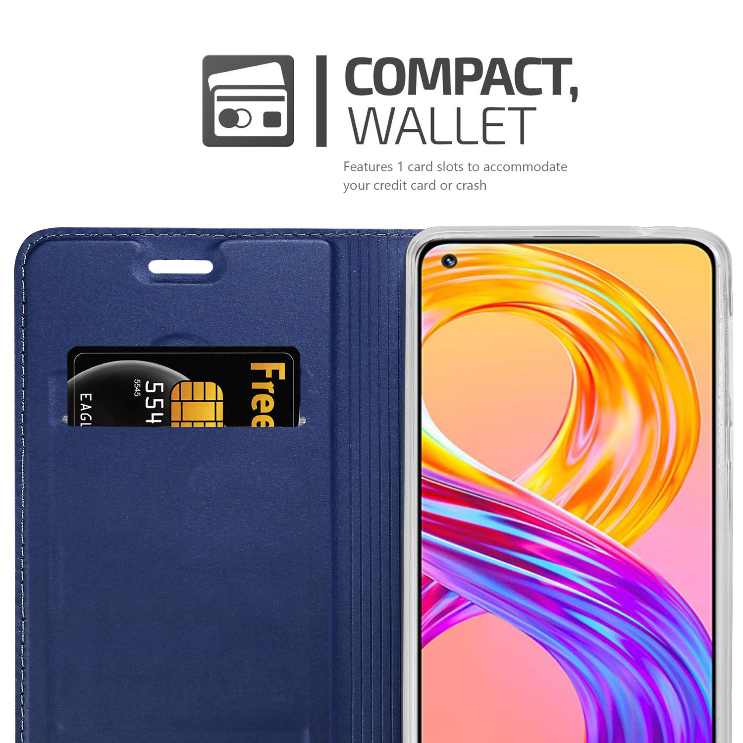 Un portafoglio blu con una carta. Un telefono è mostrato sulla destra.