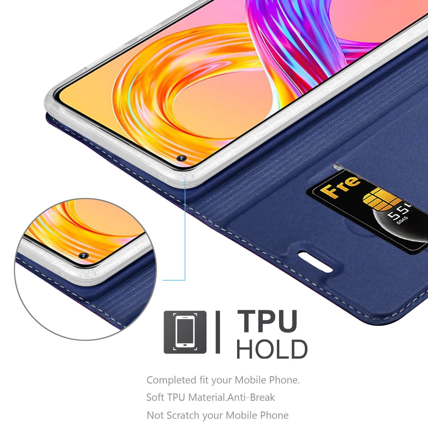 Custodia blu per telefono con telefono e carta. Il telefono è nella custodia, una carta nella fessura. Testo: TPU HOLD.
