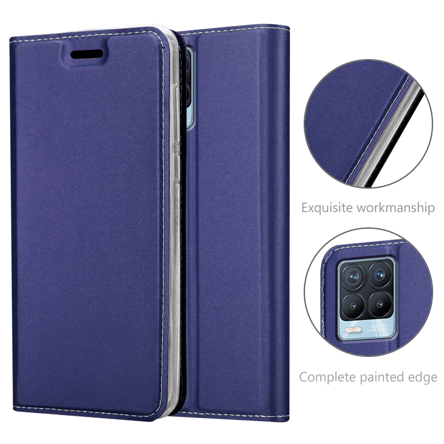 Custodia per telefono blu, chiusa e aperta. Primo piano della custodia. Lavorazione squisita e bordo completamente verniciato.