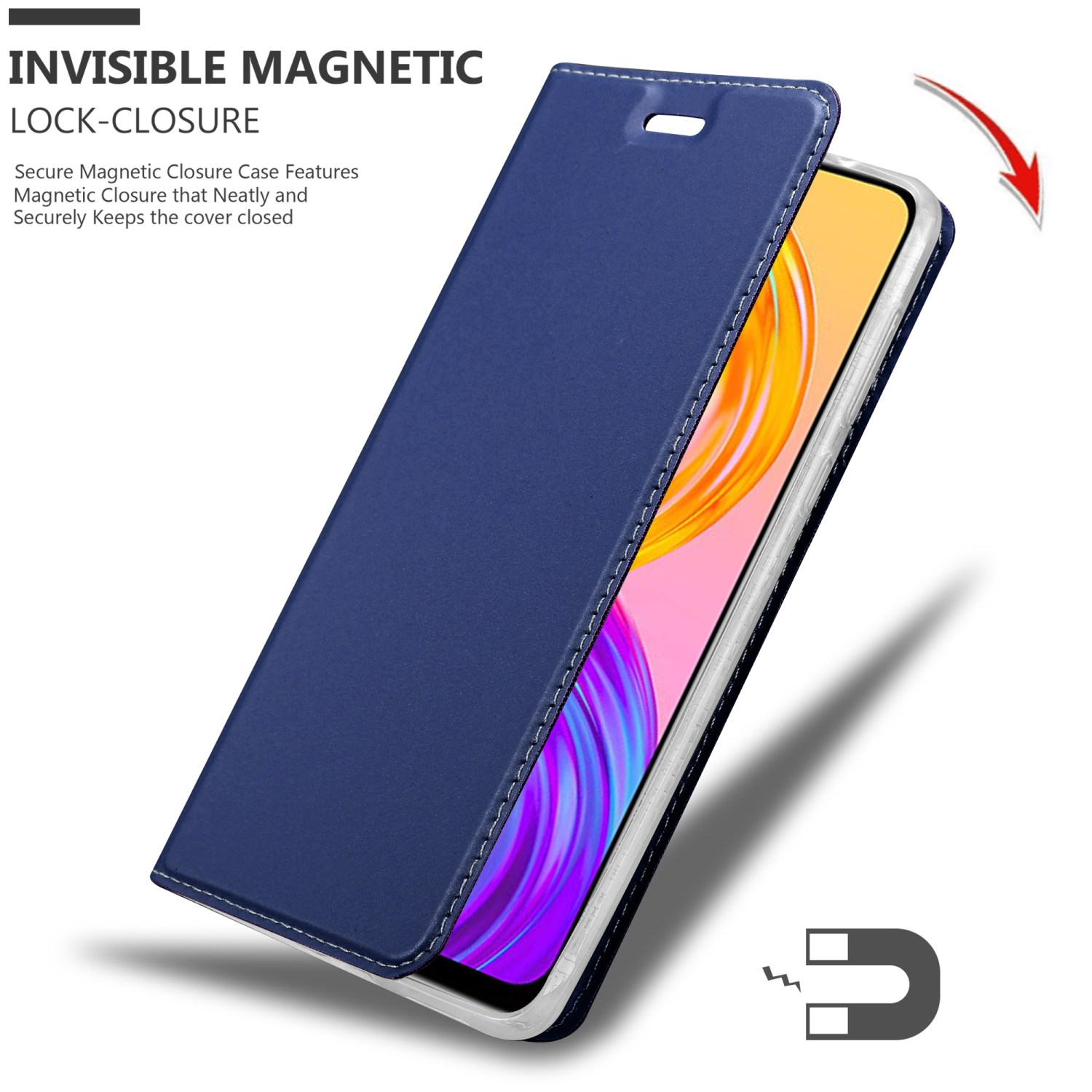 Una custodia per telefono blu si sta aprendo, con una chiusura magnetica invisibile. All'interno, è visibile lo schermo di un telefono.