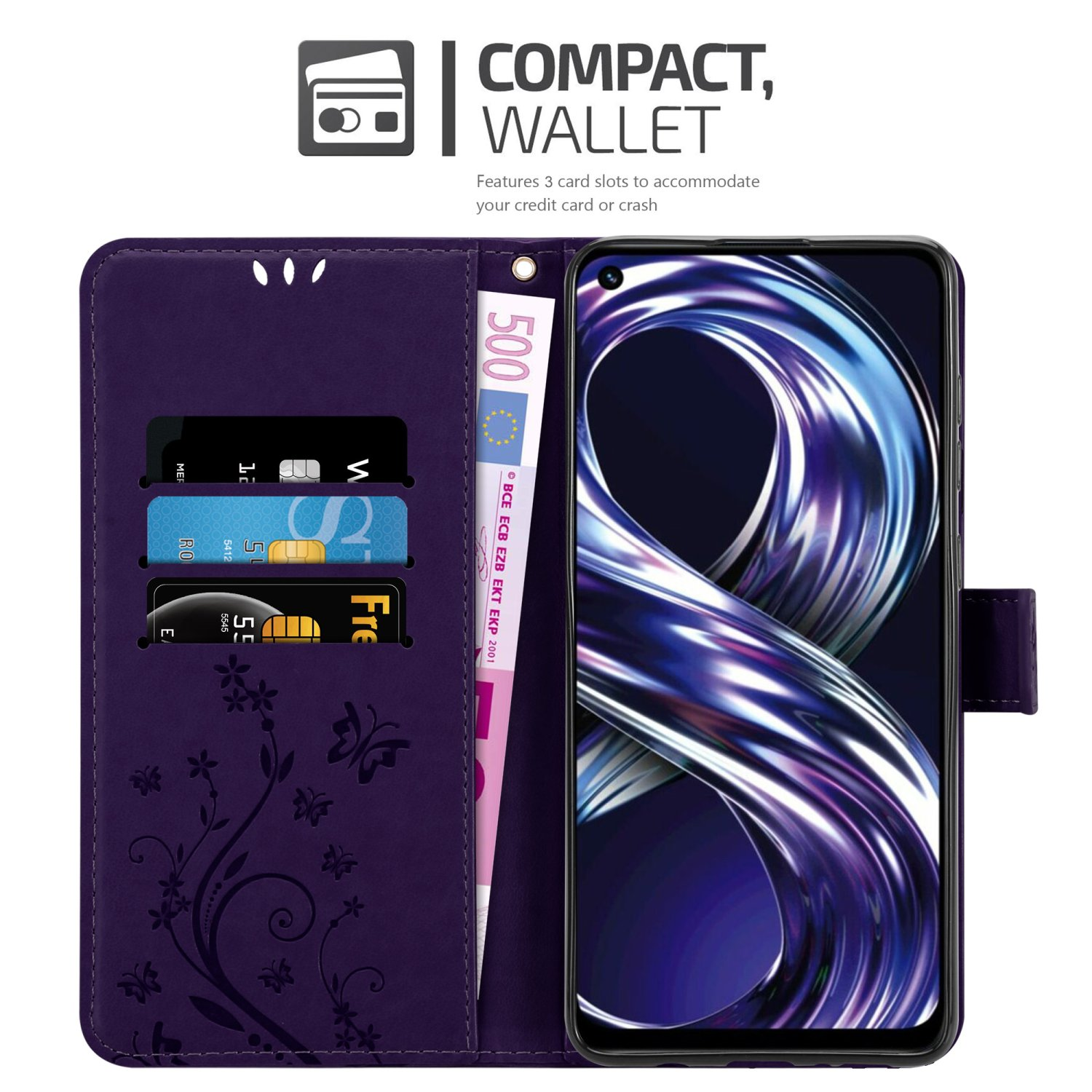 Custodia a portafoglio viola aperta, carte, denaro, telefono. Design floreale. Viola.