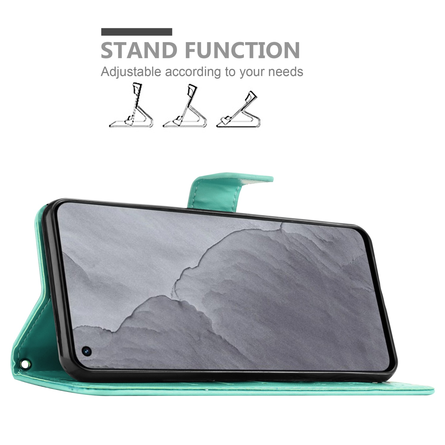 Custodia per telefono turchese con funzione stand, regolabile. Telefono sullo schermo. Sfondo bianco.