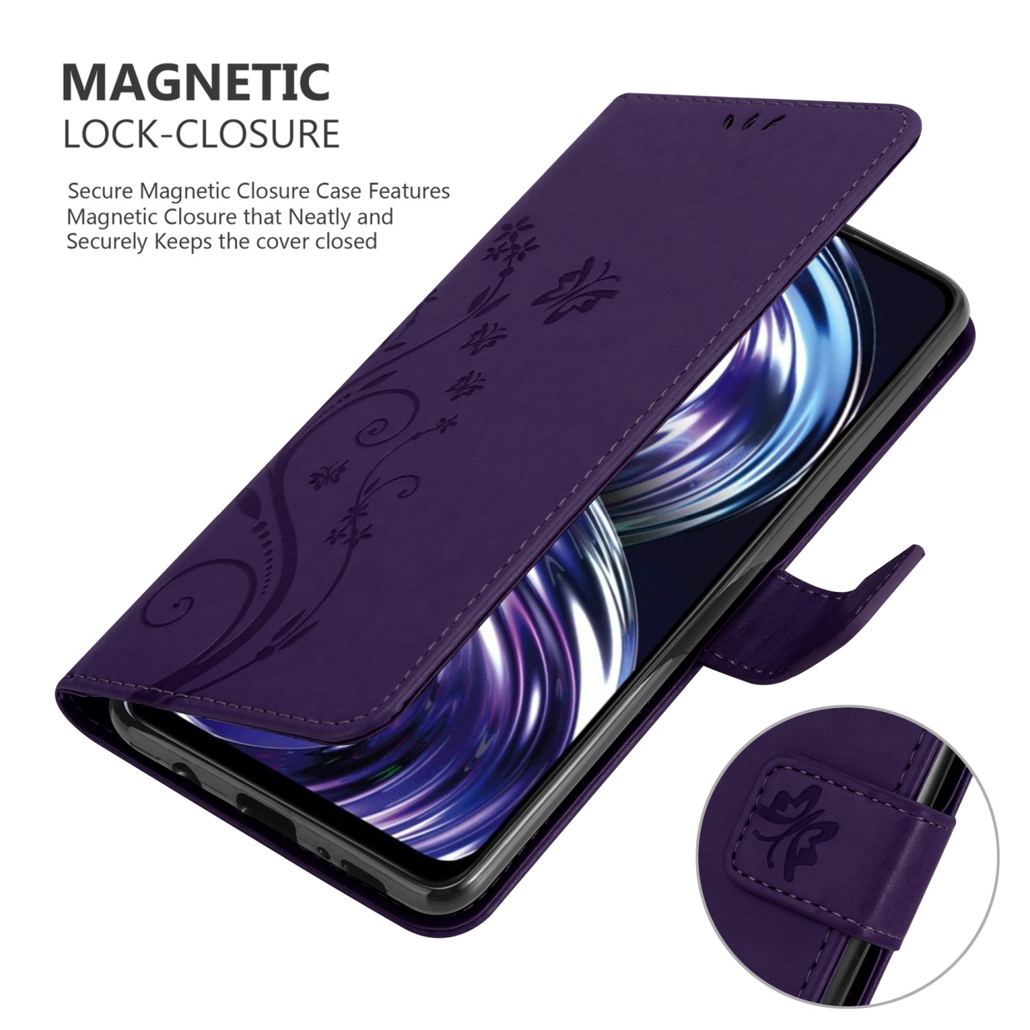 Custodia viola con design floreale, aperta per rivelare lo schermo del telefono.