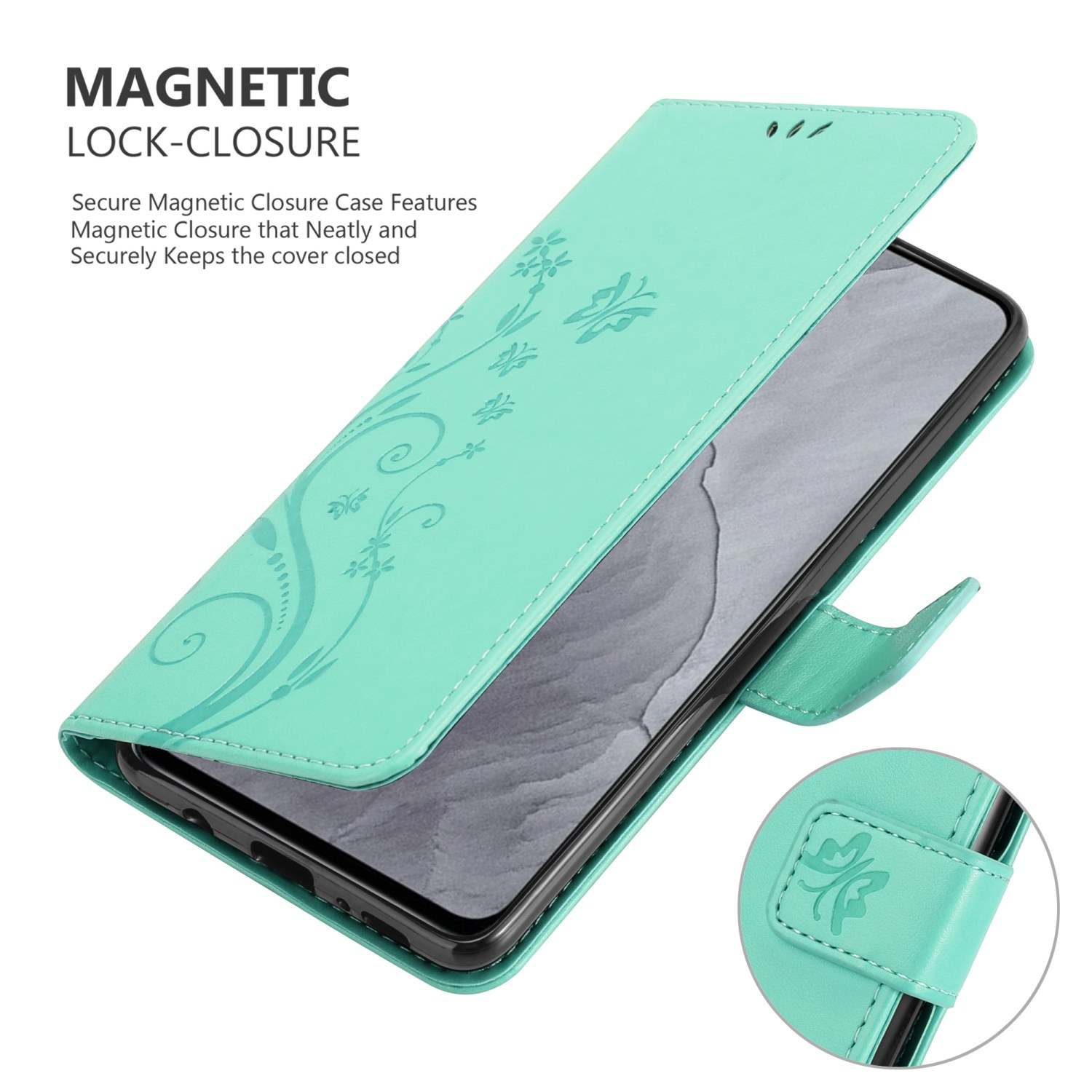 Una custodia per telefono verde acqua con un design floreale, aperta. Il telefono è all'interno. Viene mostrata una chiusura magnetica.